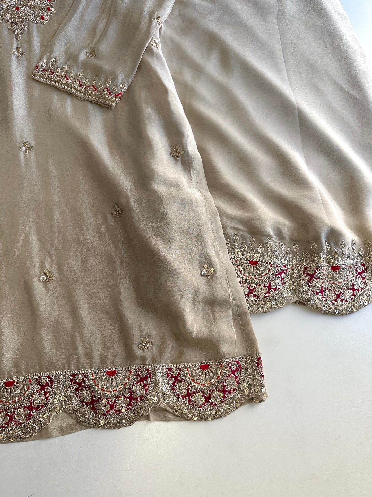 K435 - Chinnon zari work short Kurti with palazzo and dupatta