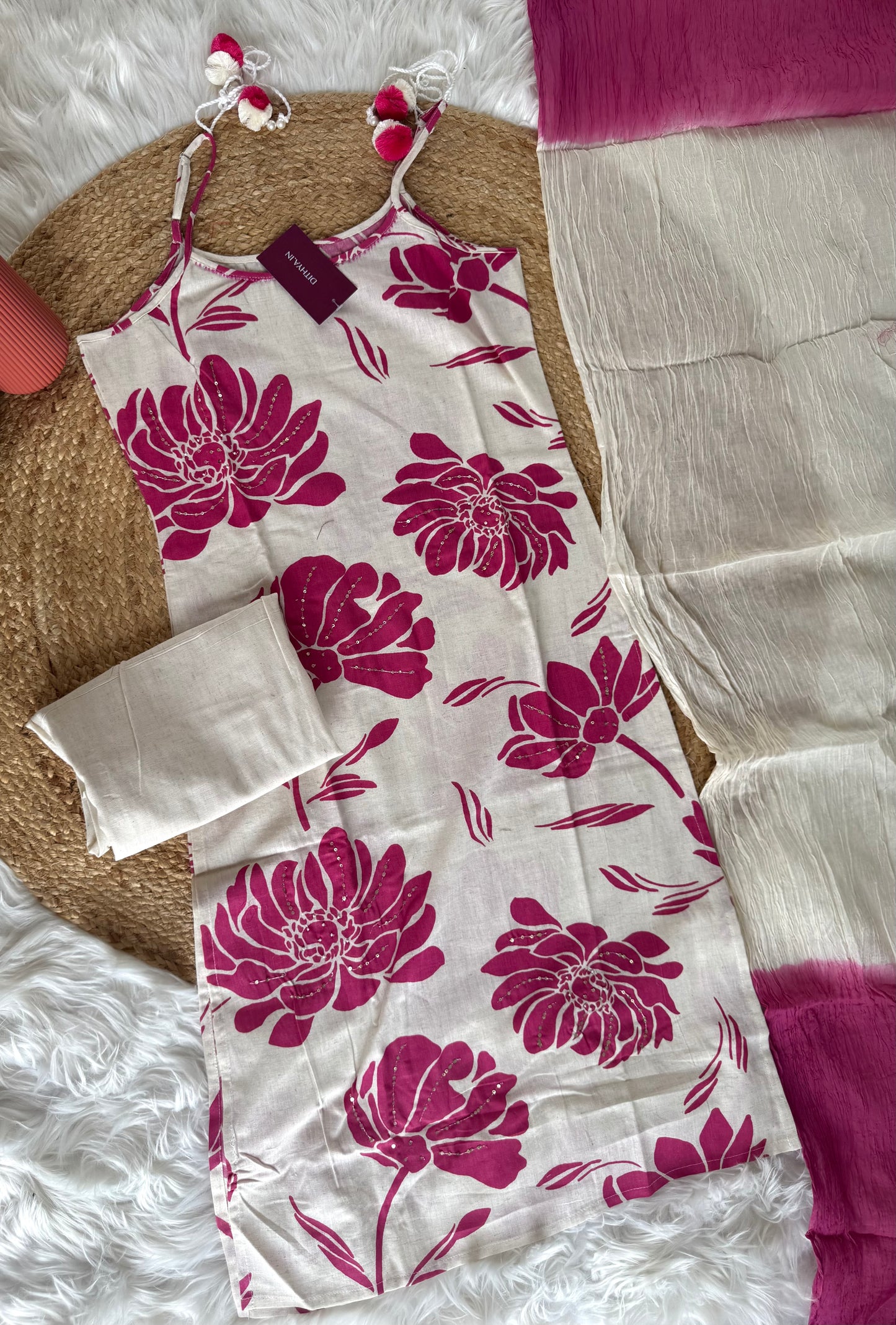 K088 - Cotton embroidered strap Kurti with pants and dupatta in 3 designs