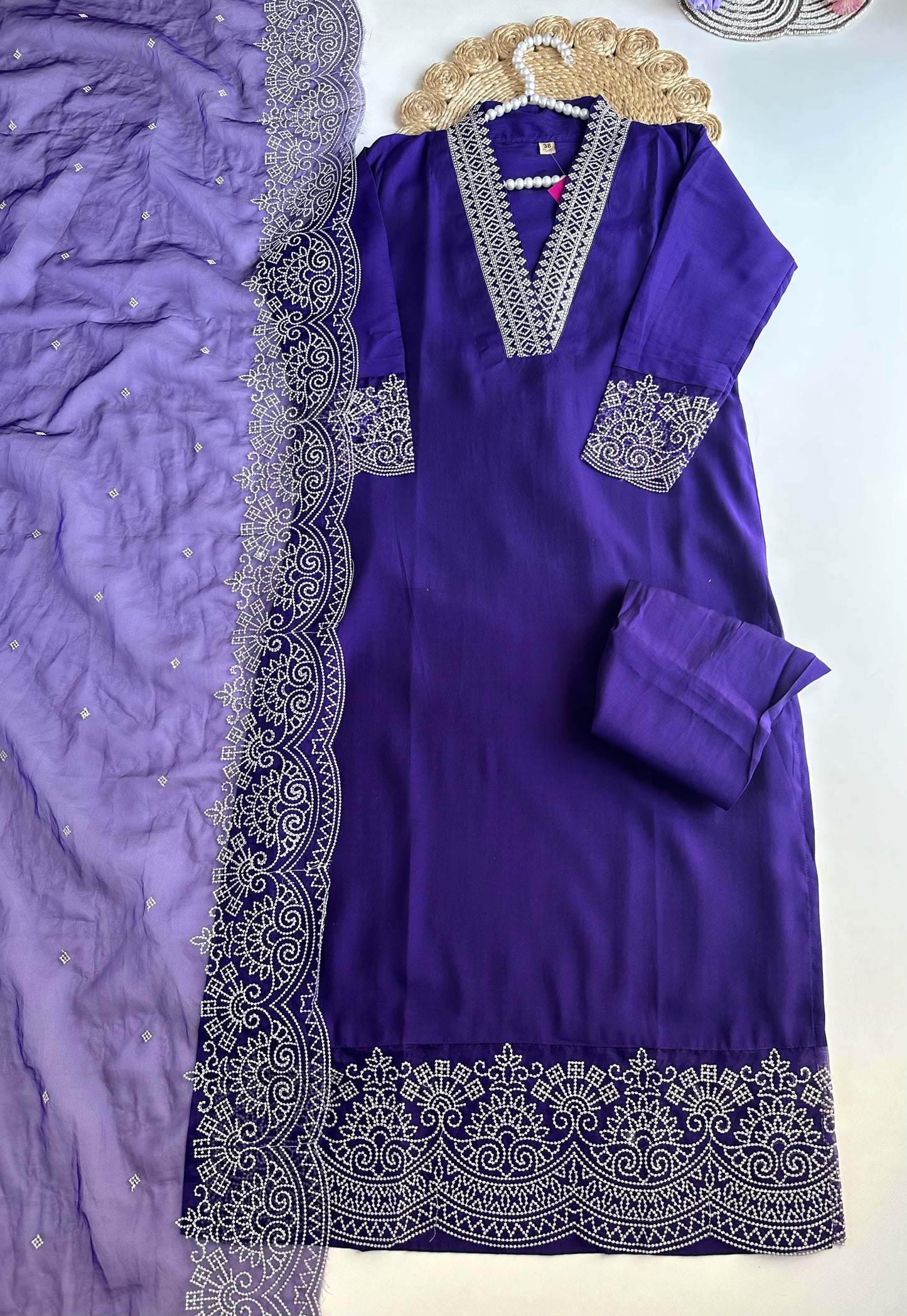 K100 - Roman silk Embroidered straight kurti with pants and dupatta