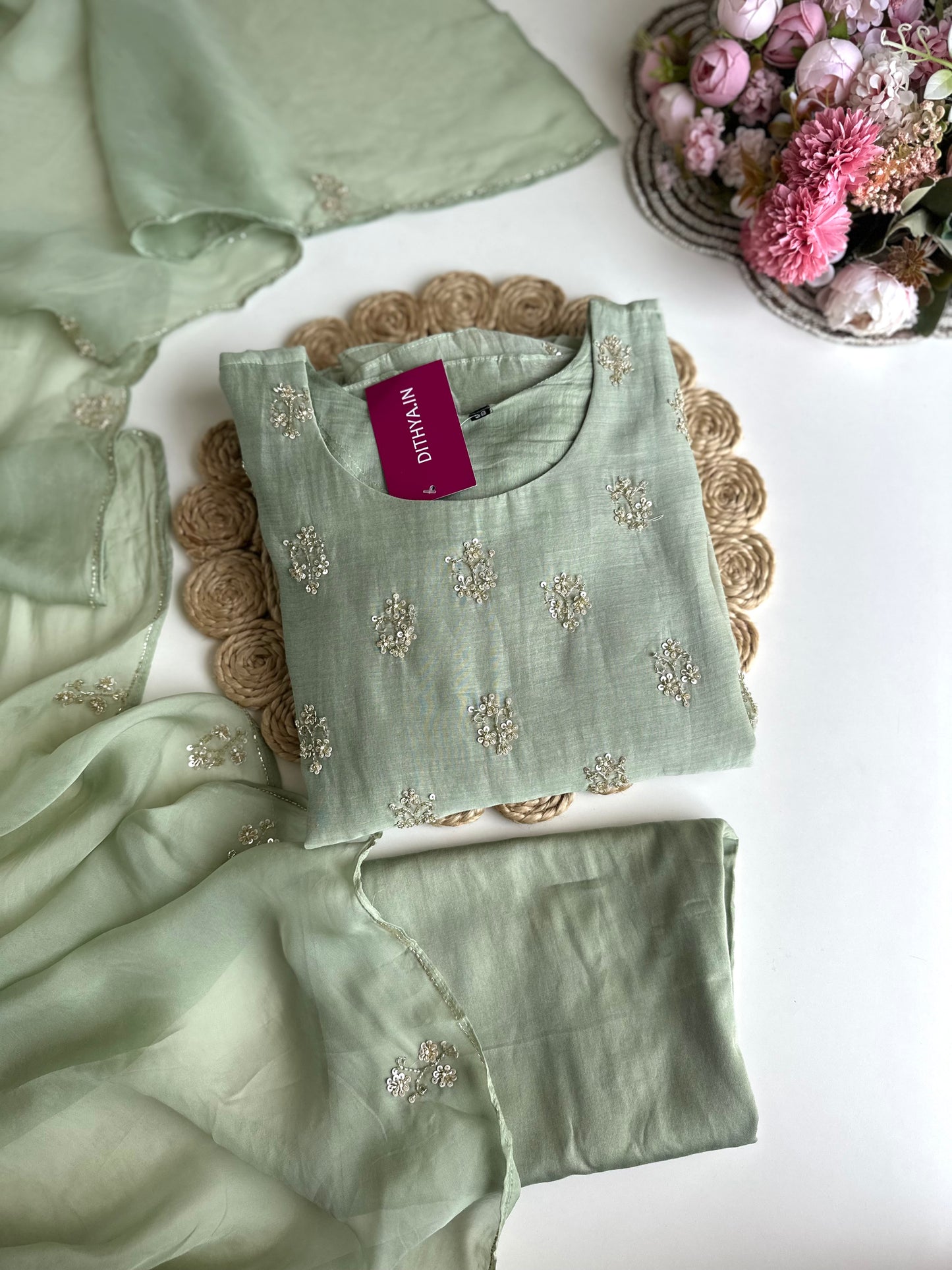 K424 - Mul Chanderi handwork Anarkali with pants and dupatta