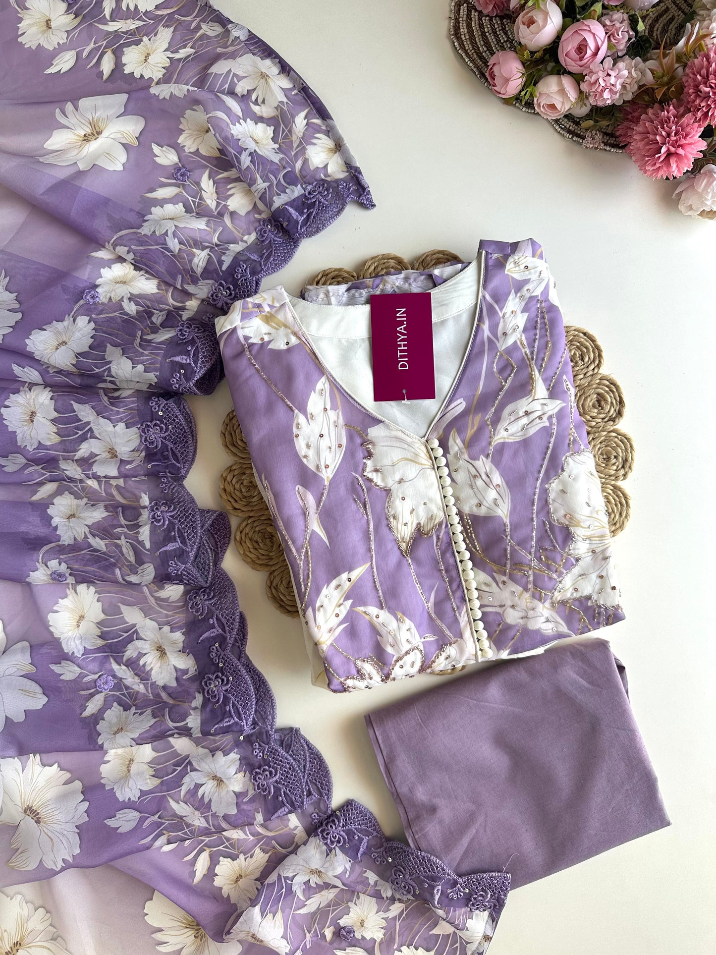 K426 - Chinnon handwork Floral Anarkali with pants and dupatta