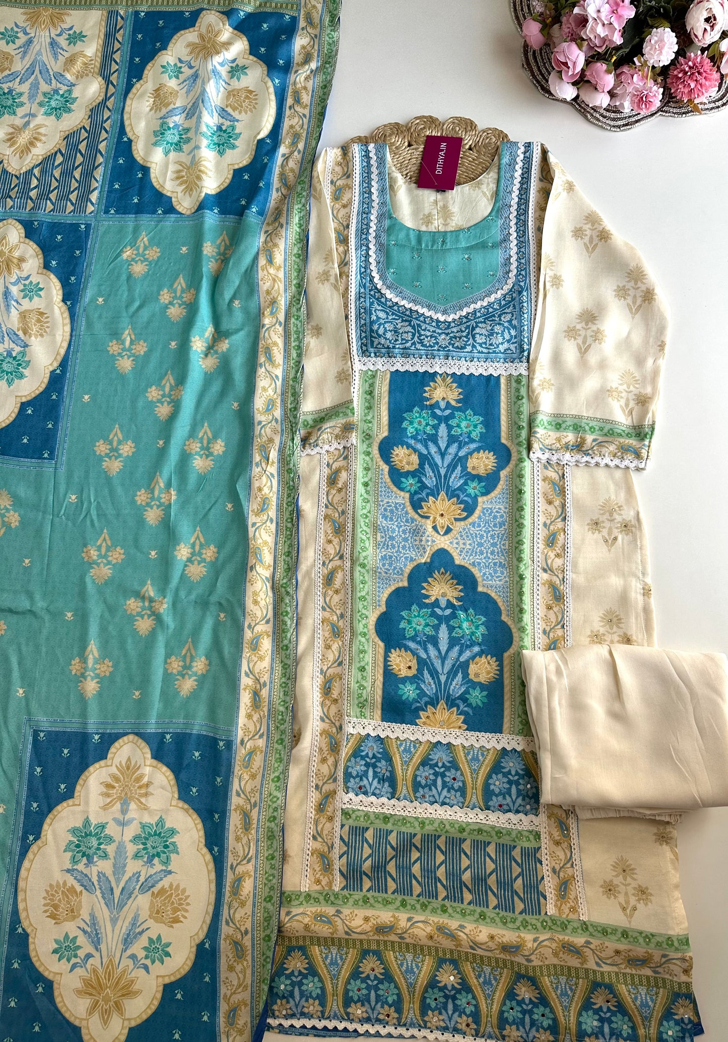 K230 - Pure muslin handwork straight Kurti with pants and dupatta