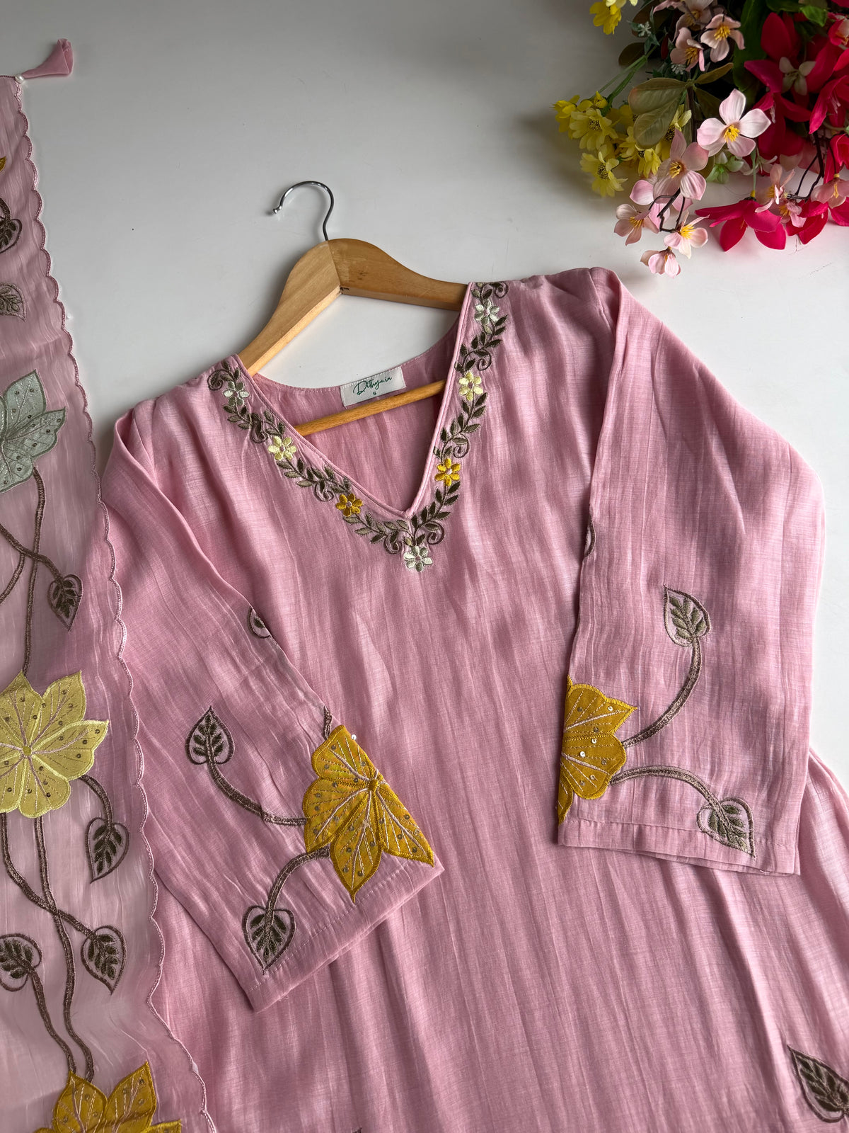 K185 - Mul chanderi appliqué embroidered Aline Kurti with pants and dupatta