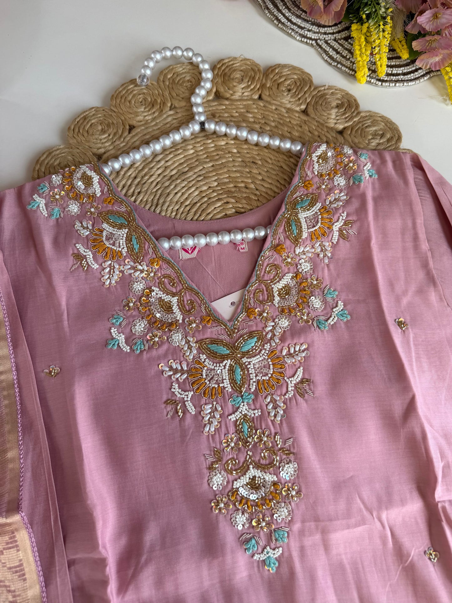 K515 - Roman silk handwork straight Kurti with pants and dupatta