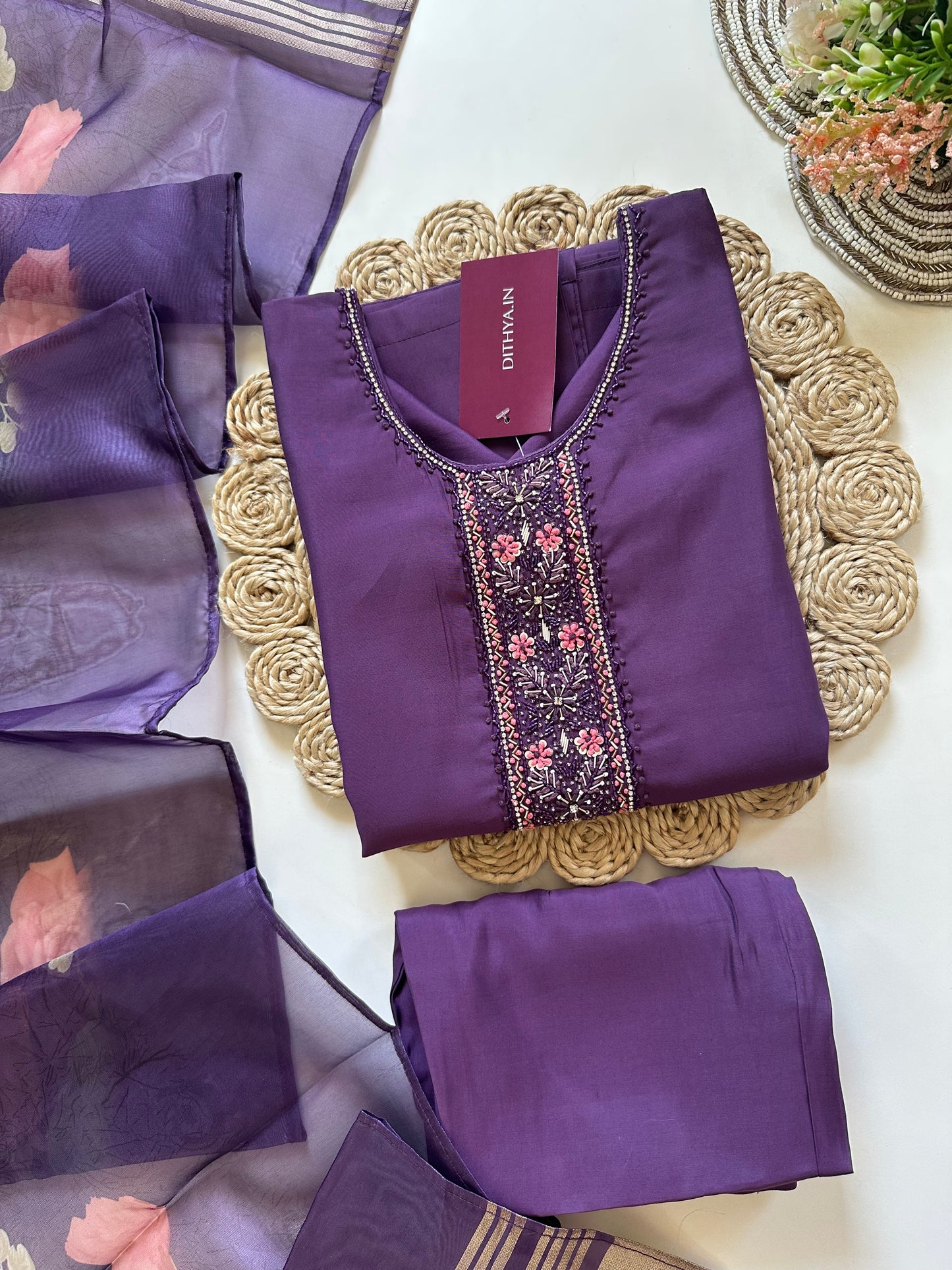 K198 - Roman silk handwork straight kurti with pants and dupatta in 2 colours.