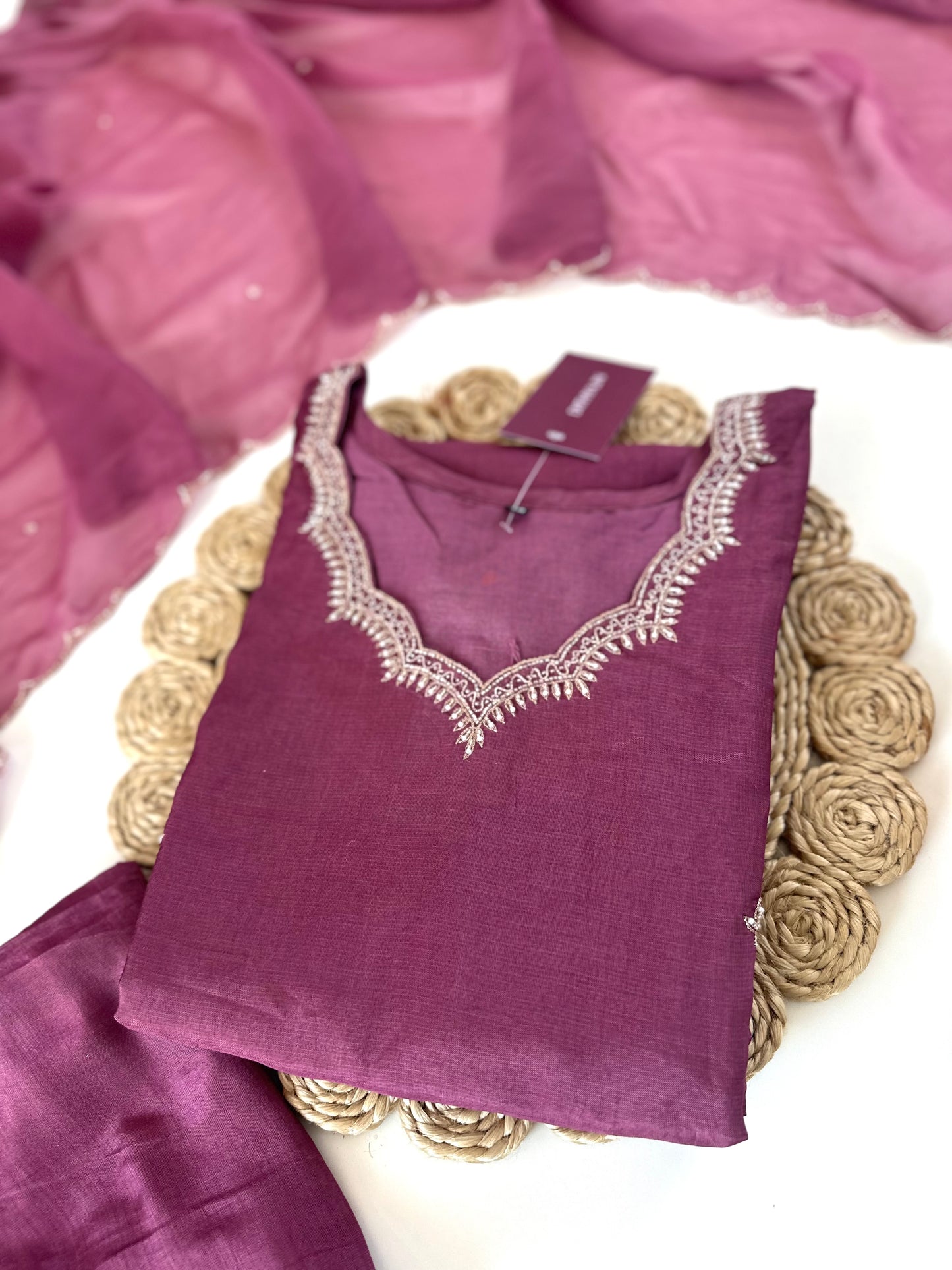 K254 - Russian silk Zardosi work straight kurti with palazzo and dupatta .