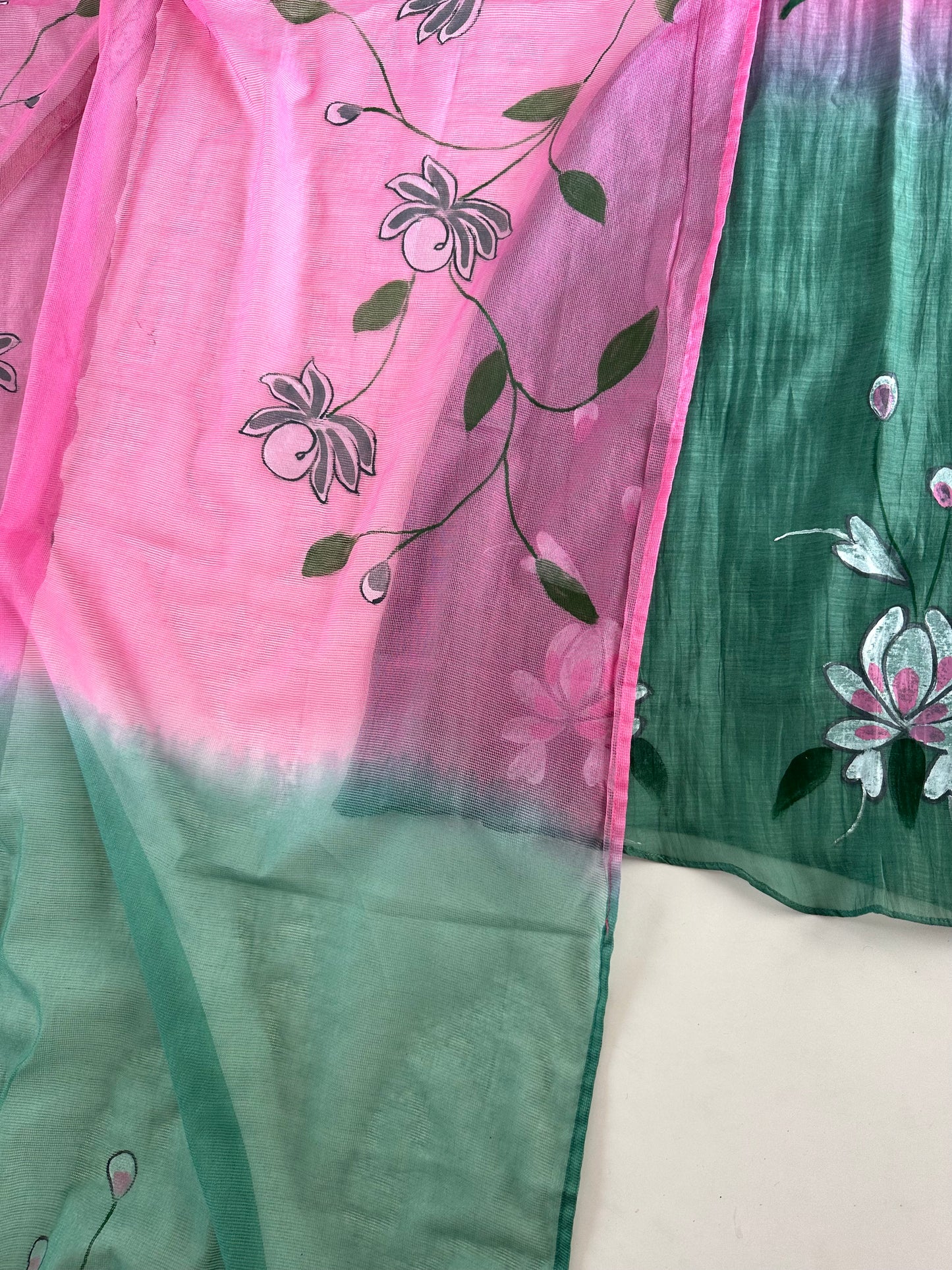 K257 - Mul Chanderi ombré handpainted Aline Kurti with pants and dupatta