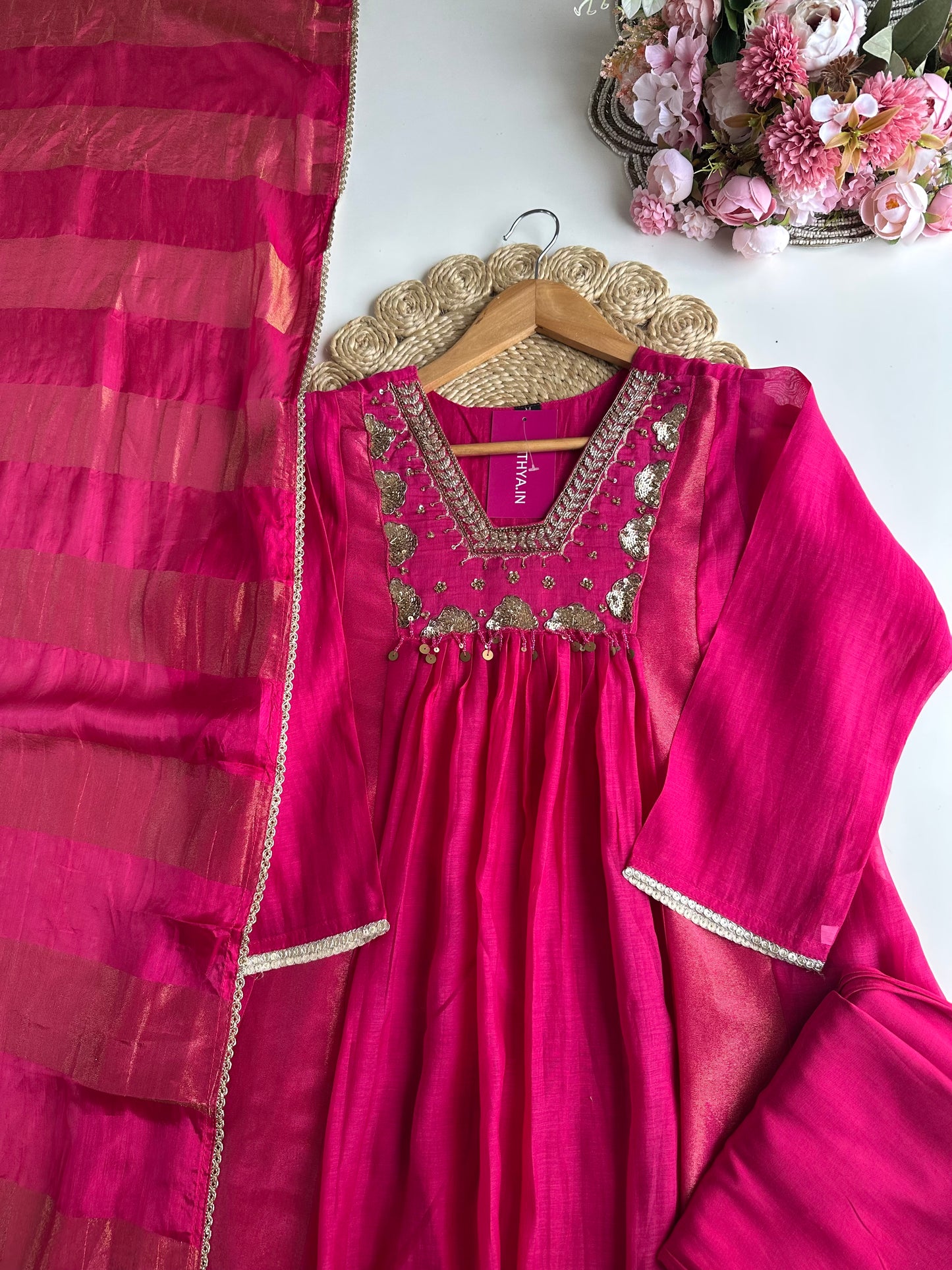 K405 - Mul Chanderi handwork Aline Kurti with pants and dupatta in 2 colours