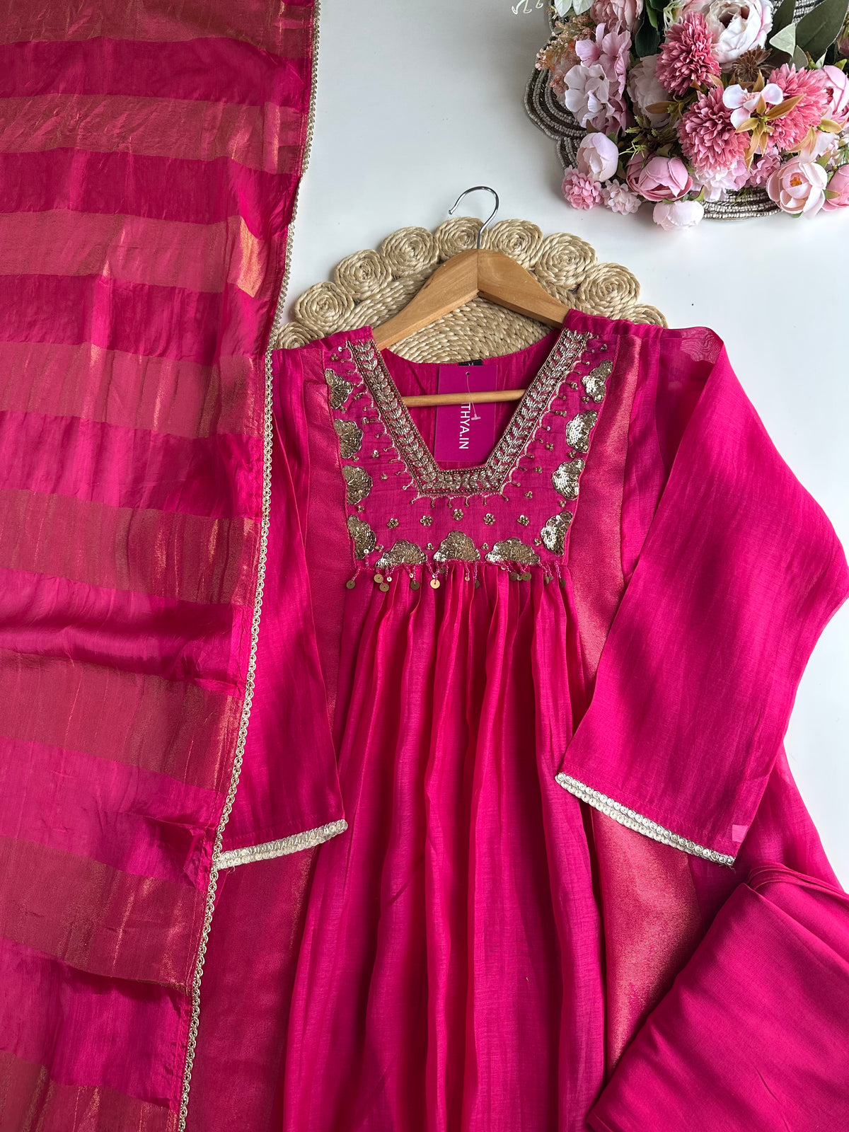 K405 - Mul Chanderi handwork Aline Kurti with pants and dupatta in 2 colours