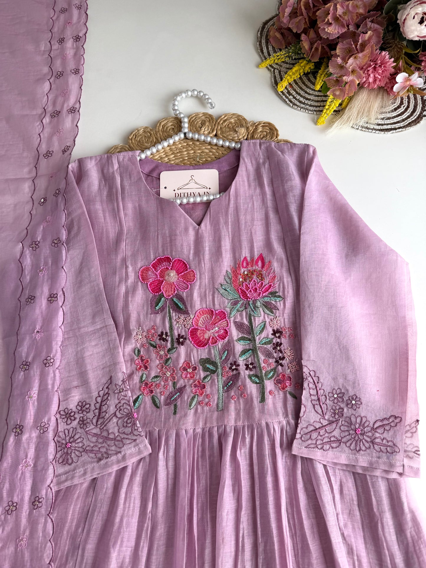 K478 - Mul chanderi handwork Anarkali with pants and dupatta