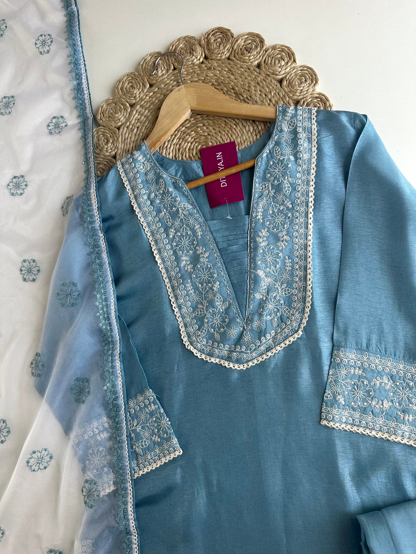 K028 - Russian silk embroidered straight Kurti with pants and dupatta