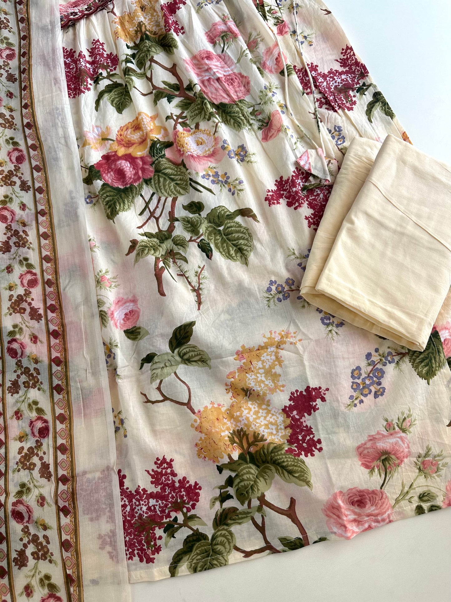 K465 - Mul cotton pleated floral Aline Kurti with pants and dupatta