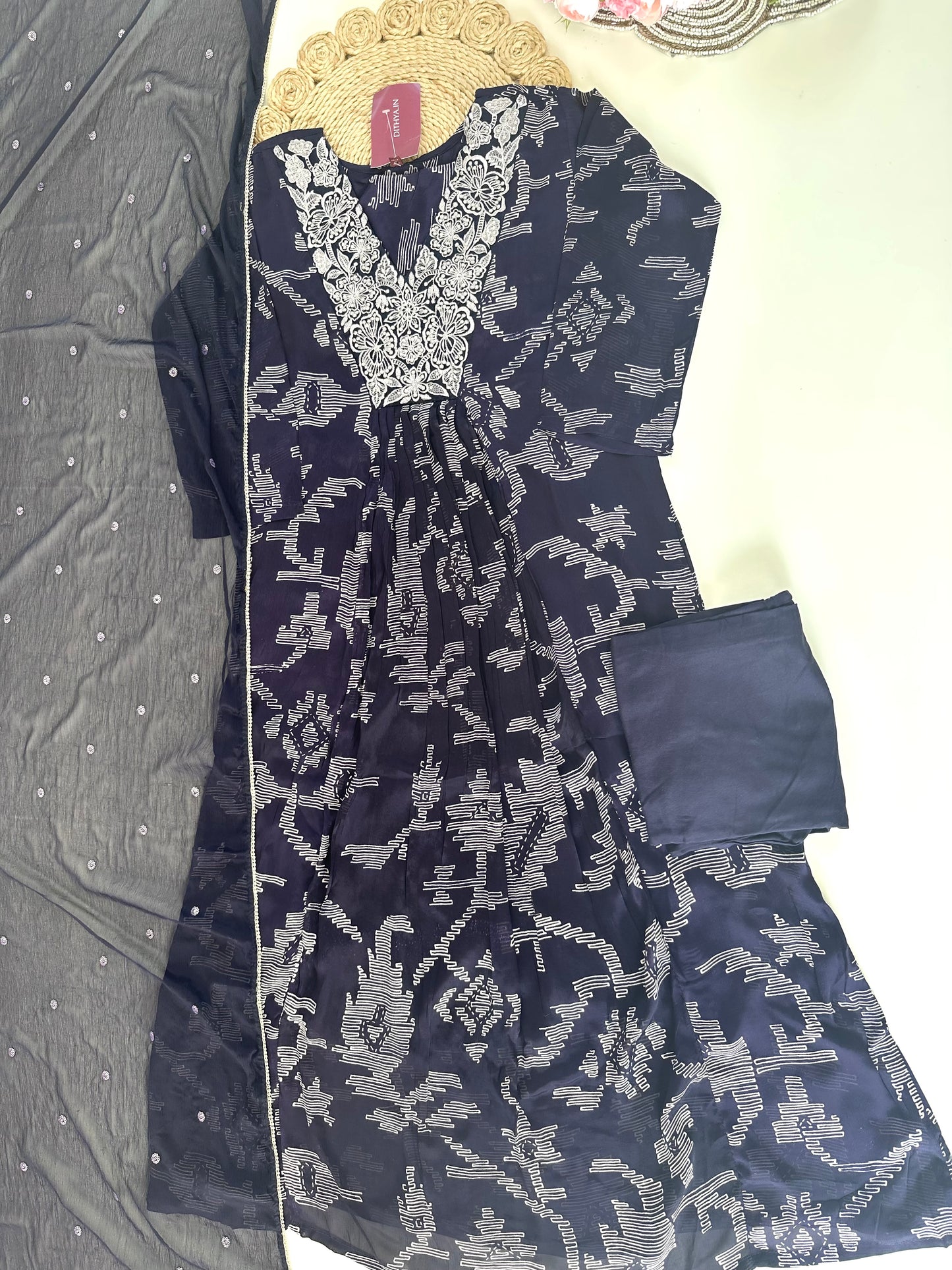 K190 - Chinnon embroidered Anarkali with pants and dupatta