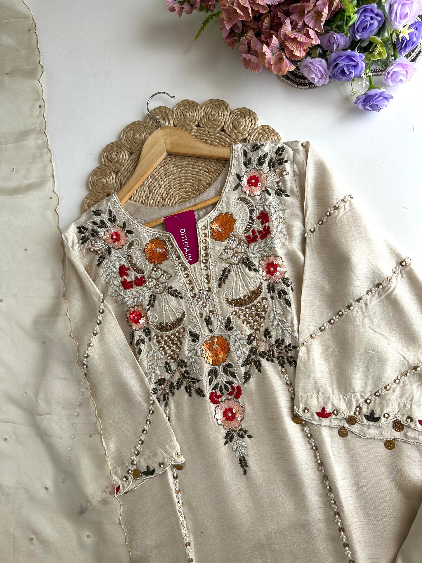 K332 - Russian silk handwork straight Kurti with pants and dupatta