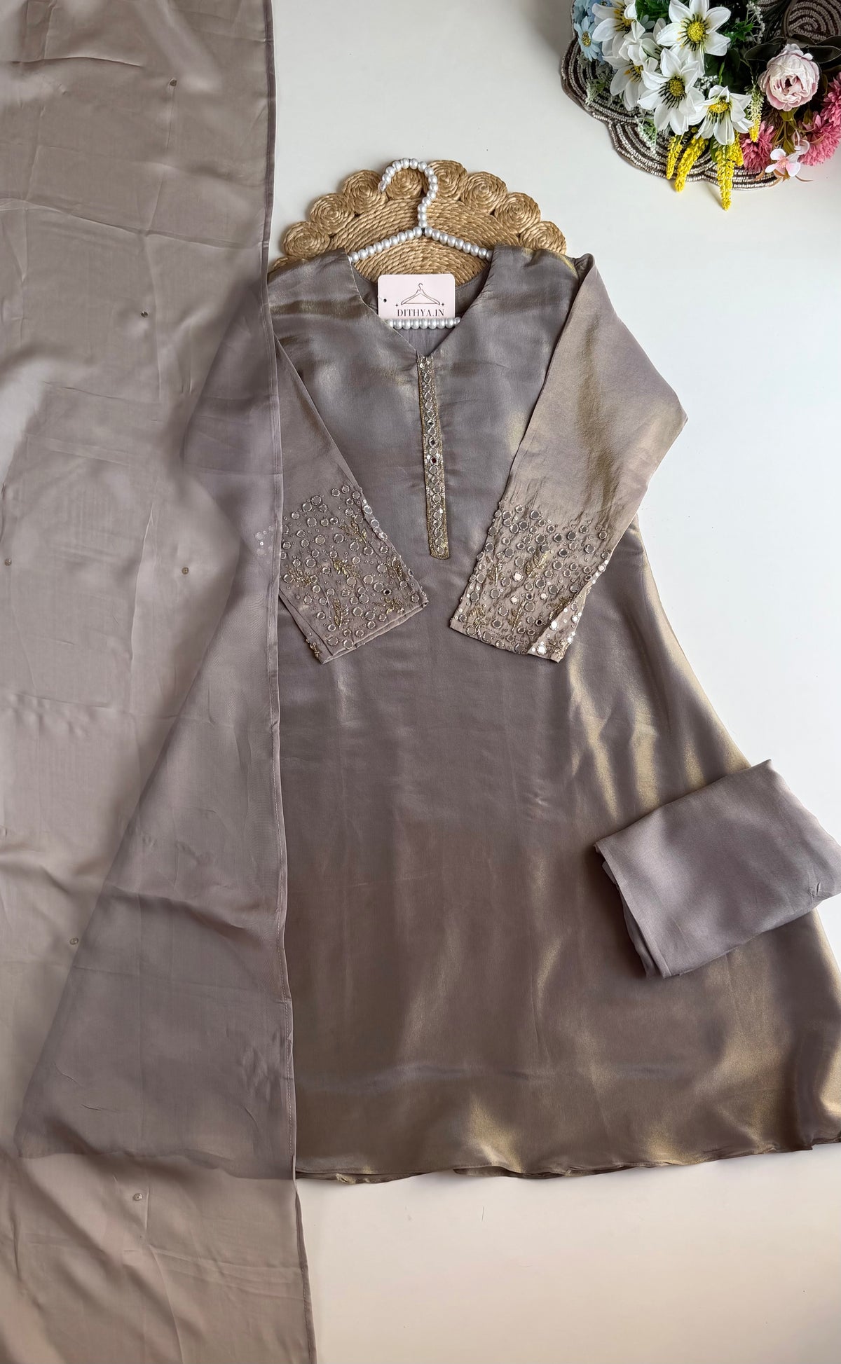 K121 - Tissue silk mirror work Anarkali with pants and dupatta
