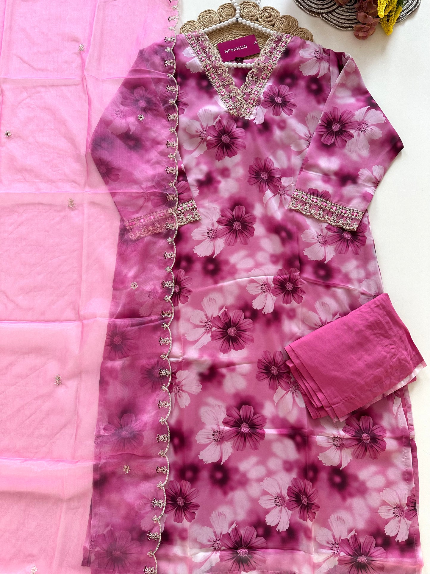 D118 - Viscose Organza silk straight kurti with pants and dupatta