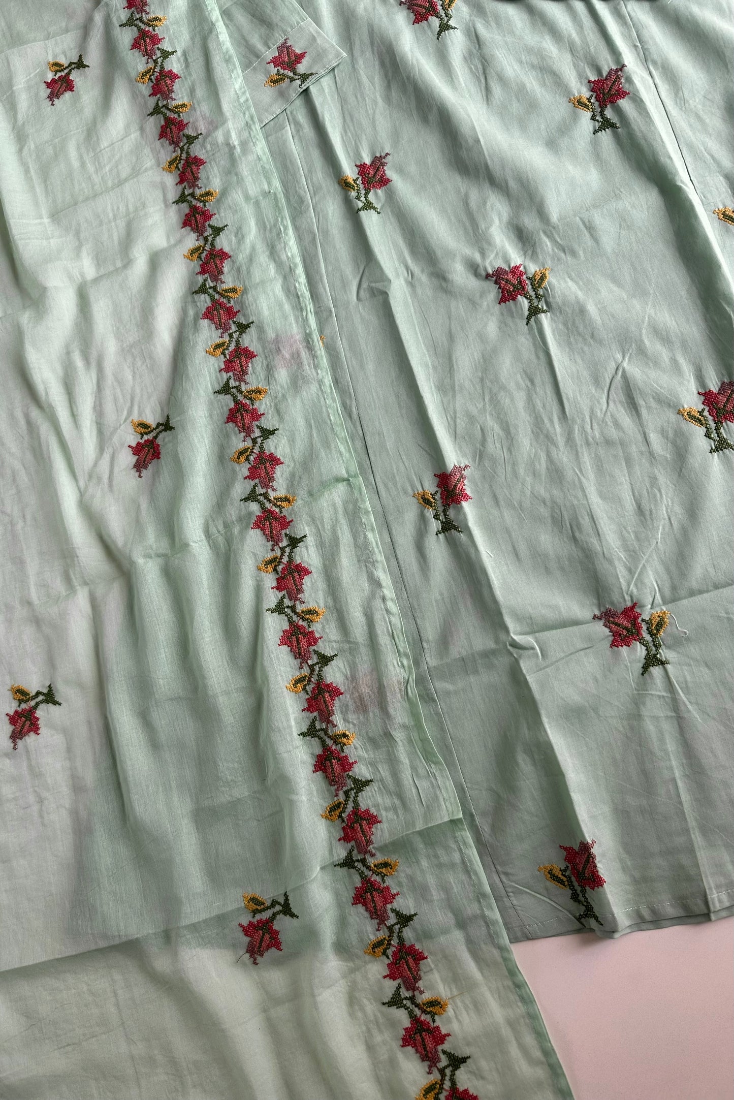 K145 - Mul cotton cross stitch Aline Kurti with pants and dupatta