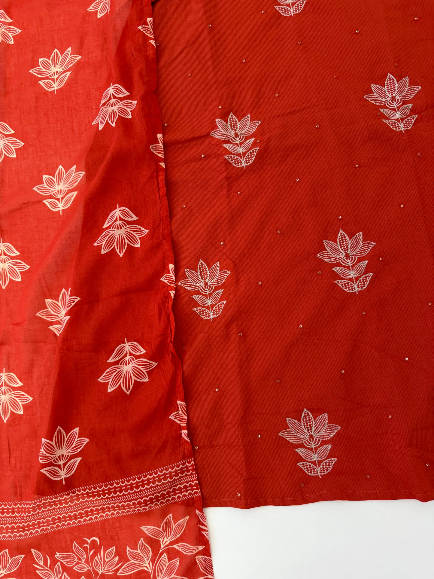 K608 - Mul cotton embroidered Aline Kurti with pants and dupatta