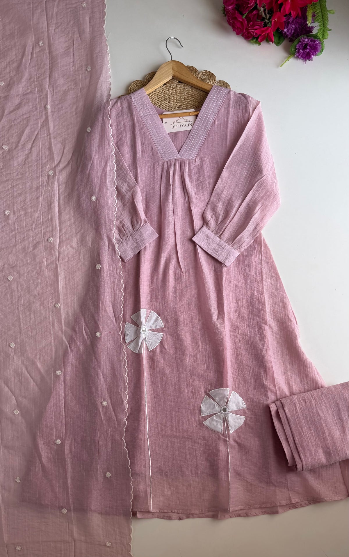 K036 - Crushed Surat Mul chanderi embroidered Aline Kurti with pants and dupatta in 2 colours