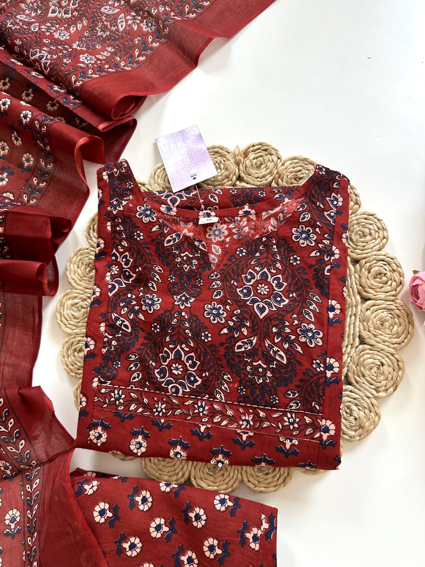 K201 - Cotton printed Straight Kurti with pants and dupatta in 2 colours