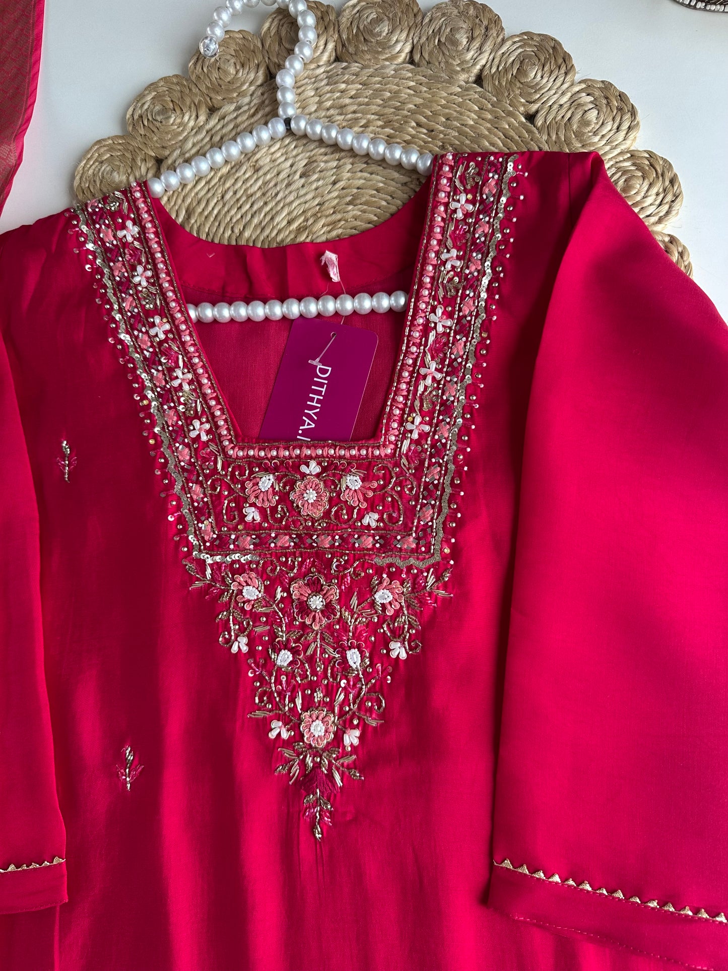 K110 - Roman silk handwork straight Kurti with pants and dupatta