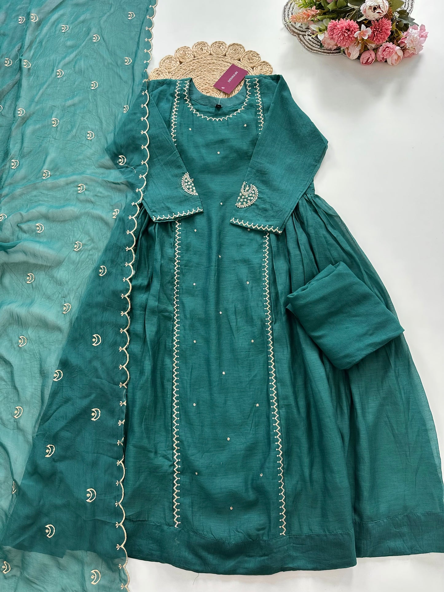 K091 - Mul Chanderi Zari work Anarkali with pants and dupatta in 2 colours