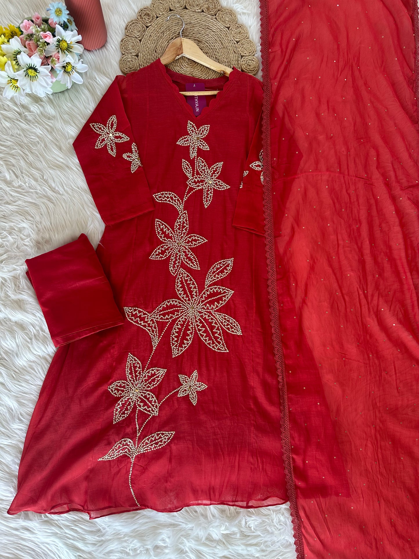 K382 - Mul Chanderi handwork Aline Kurti with pants and dupatta