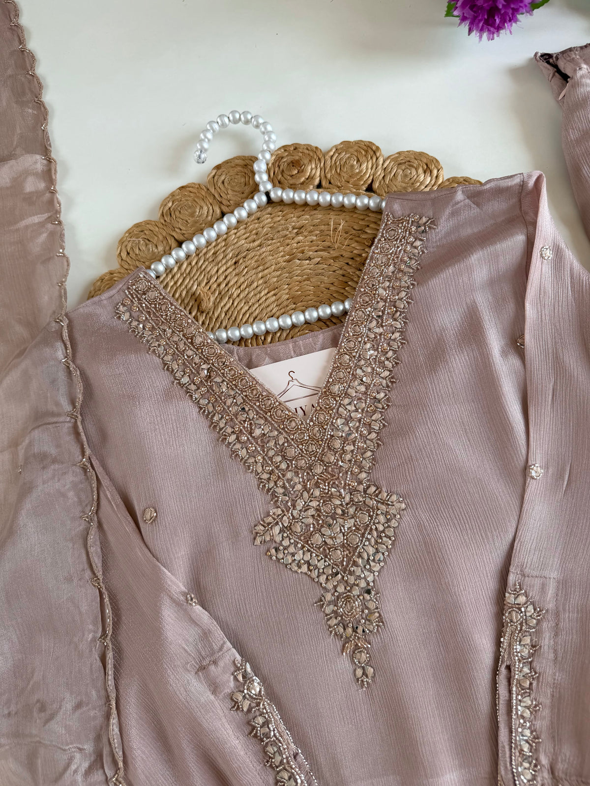 K514 - Pure Chinnon handwork short Kurti with divider pants and dupatta