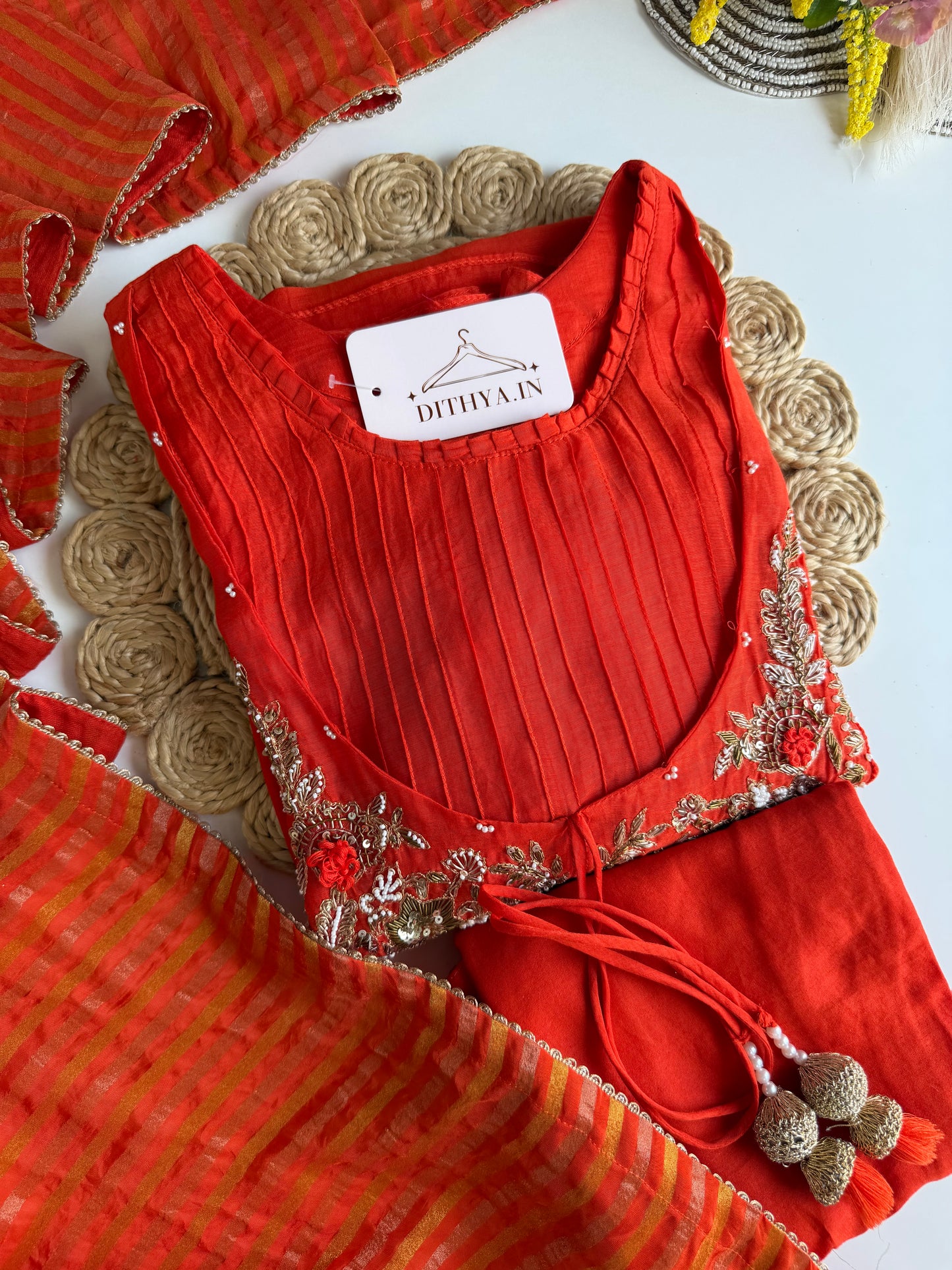 K521 - Mul chanderi Handwork aline Kurti with pants and dupatta