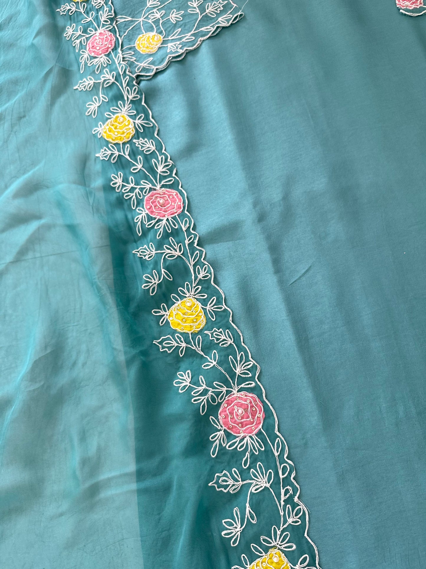 K361 - Russian silk appliqué work straight Kurti with pants and Dupatta in 2 colours