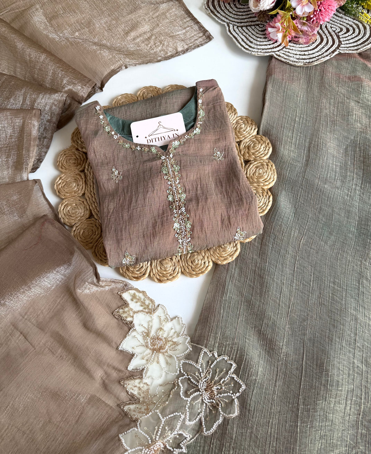 K069 - Crush tissue silk handwork short Kurti with divider pants and dupatta