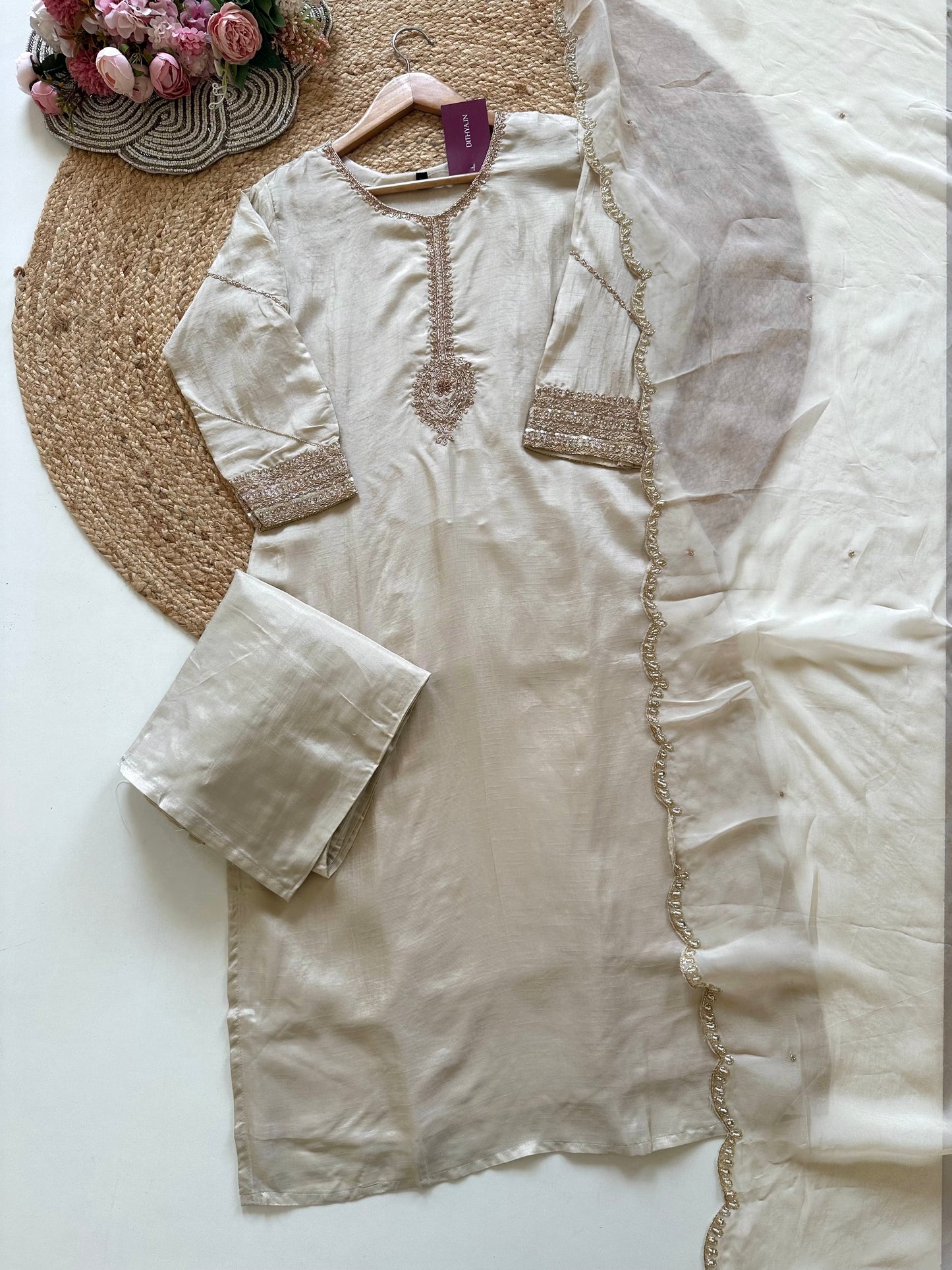 K224 - Russian silk Zardosi work straight kurti with palazzo and dupatta .