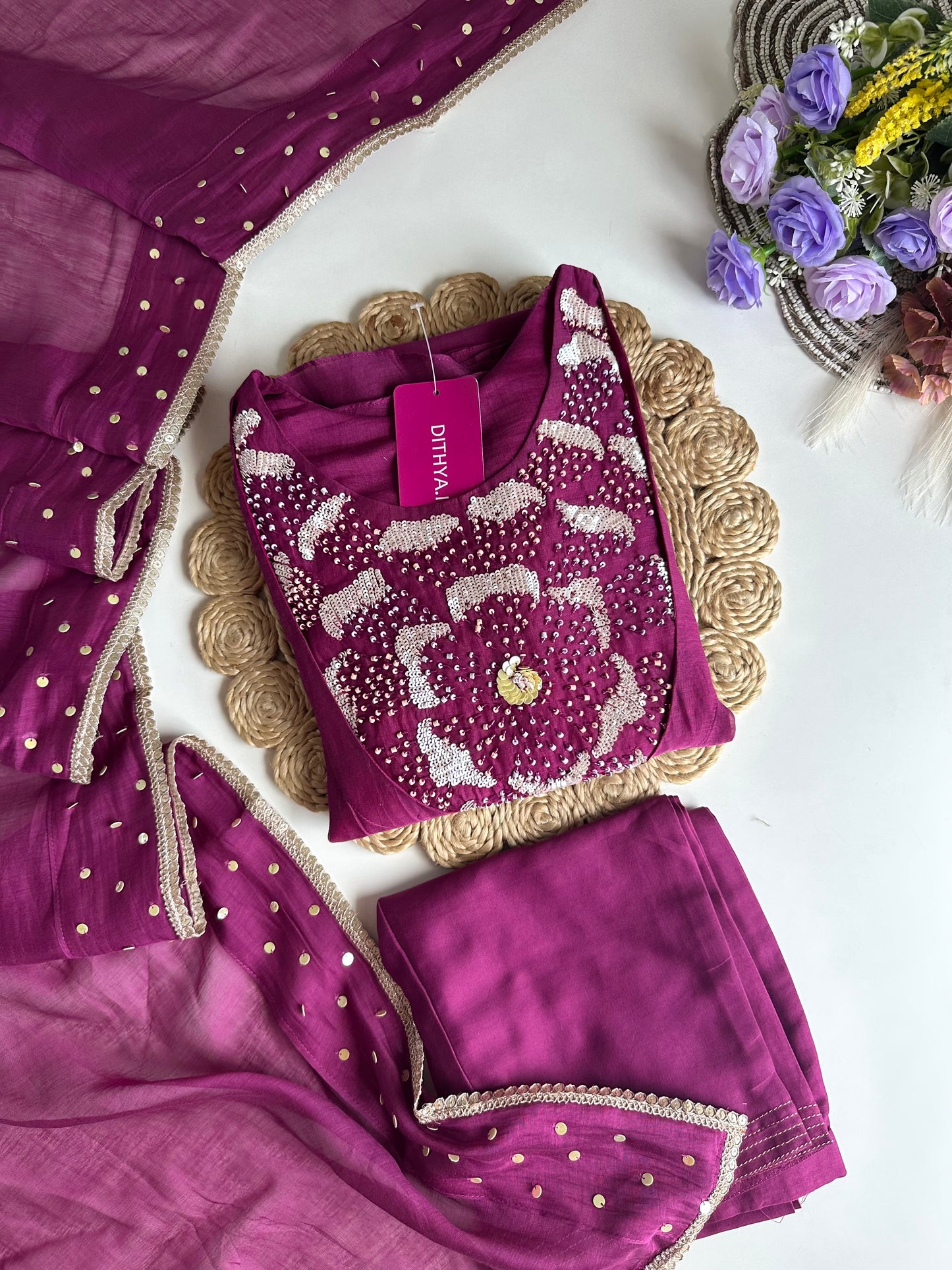 K032 - Pure mul Chanderi handwork Aline Kurti with pants and dupatta in 2 colours