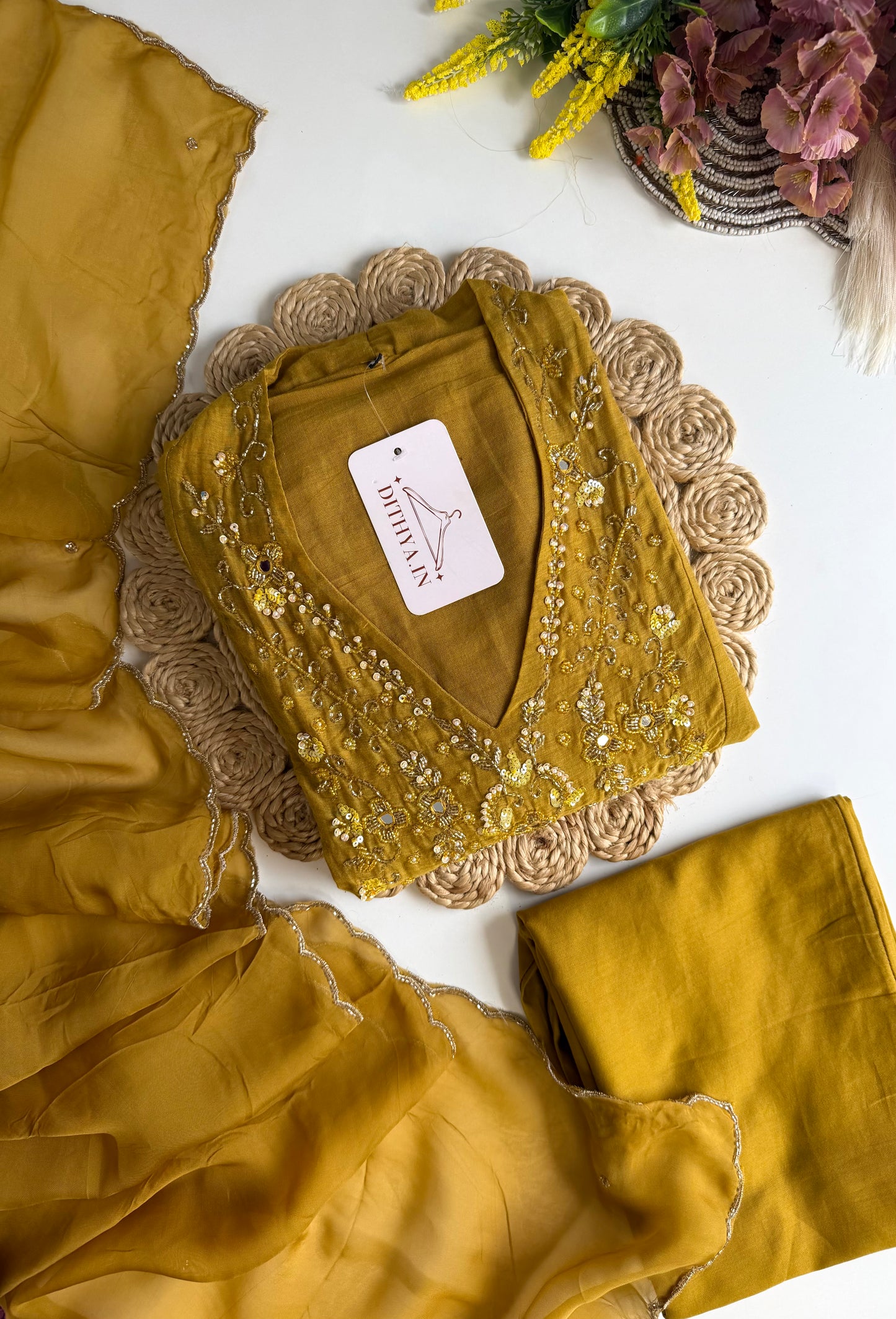 K508 - Mul chanderi Handwork Kurti with pants and dupatta
