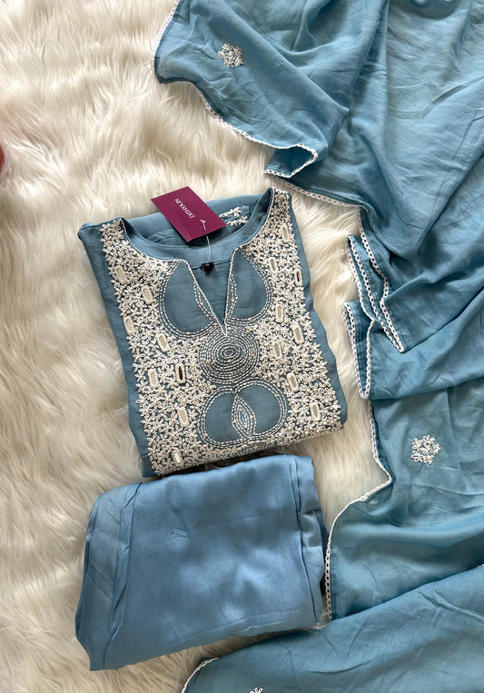 K410 - Mul Chanderi handwork Aline Kurti with pants and dupatta in 2 colours