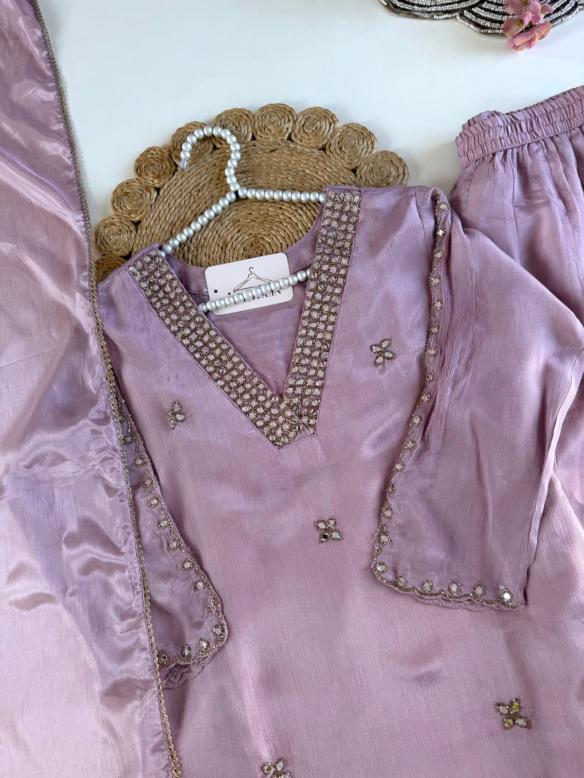 K376 - Pure Chinnon mirror handwork short Kurti with divider pants and dupatta