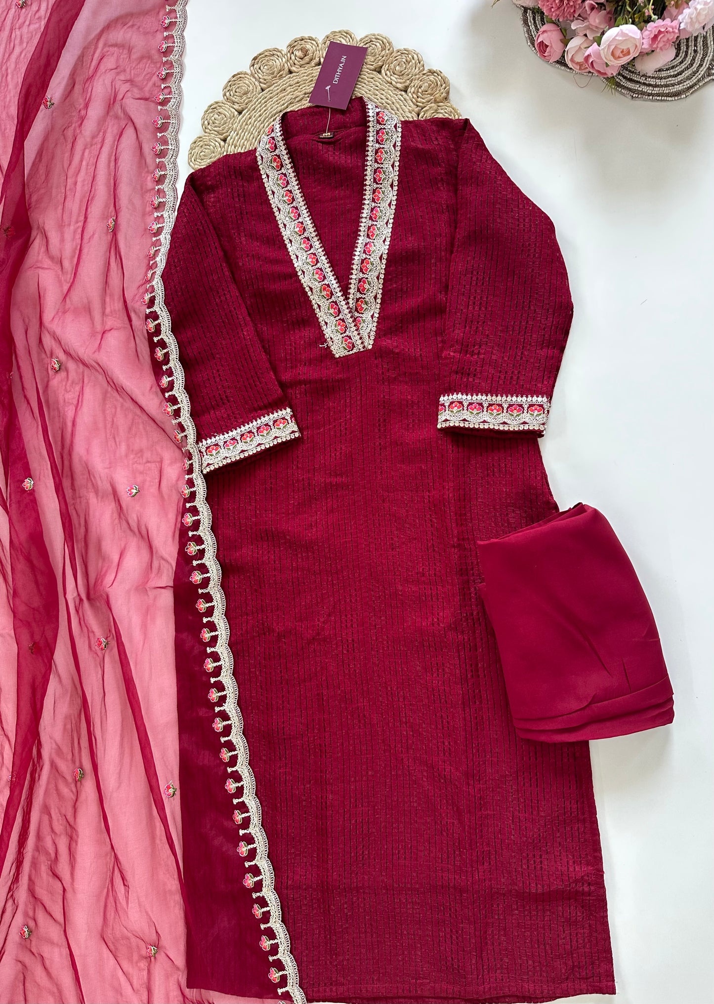 K107 - Jacquard silk Collar neck straight kurti with pants and dupatta in 2 colours