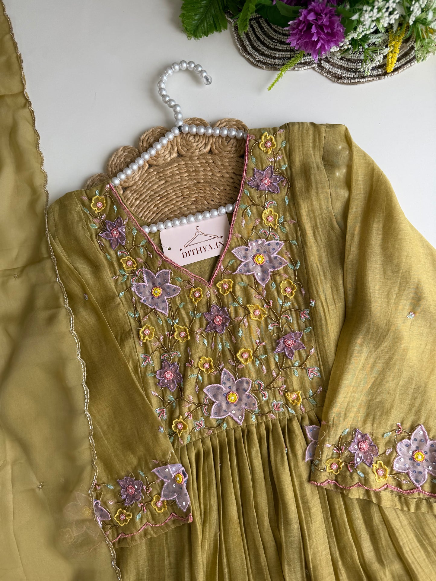 K298 - Mul chanderi 3D handwork Aline Kurti with pants and dupatta