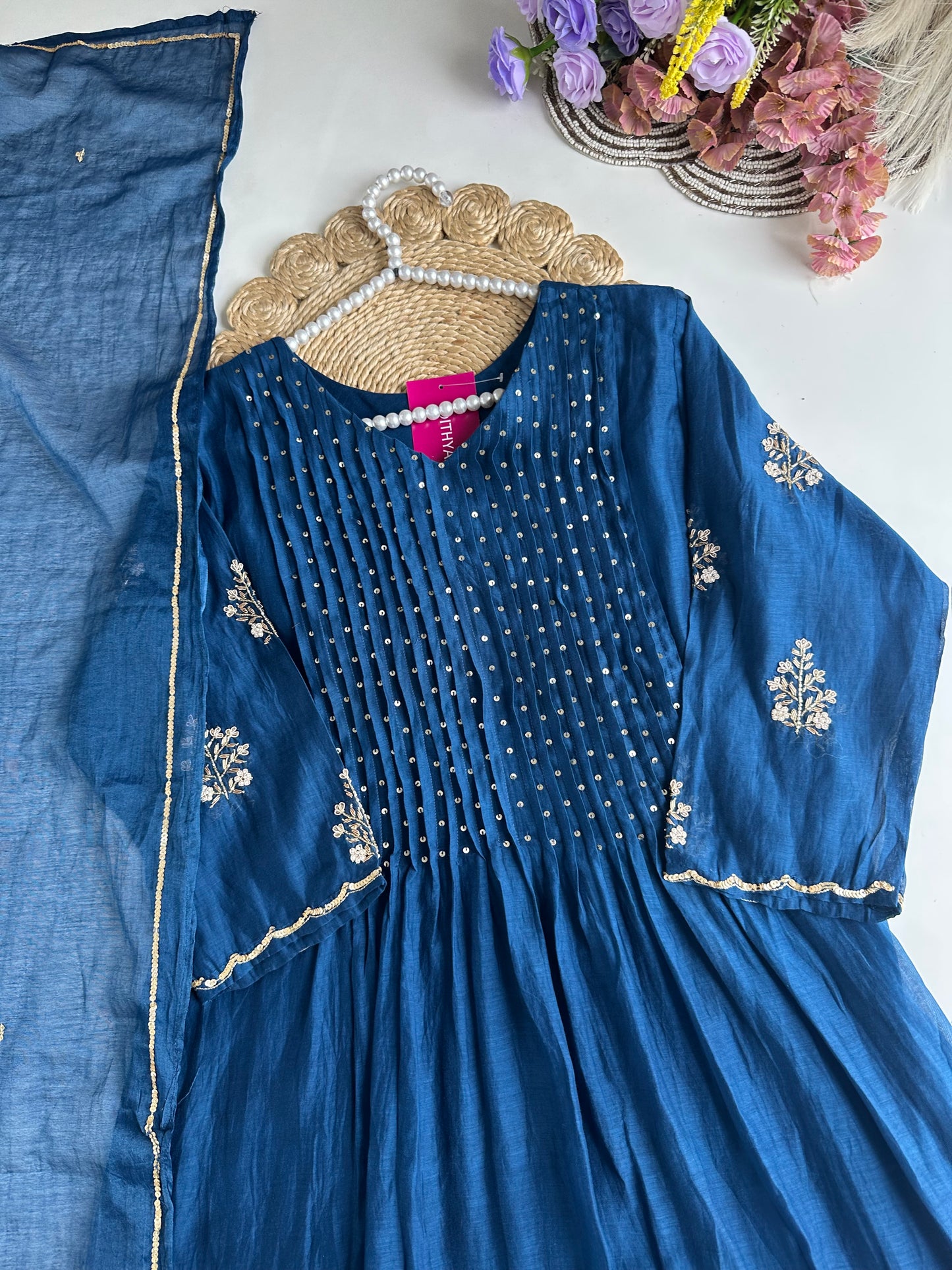 K210 - Mul Chanderi handwork Anarkali with pants and dupatta in 2 colours