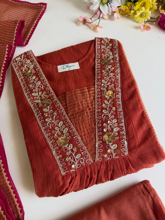 K339 - Crushed Surat Mul chanderi embroidered Anarkali with pants and dupatta