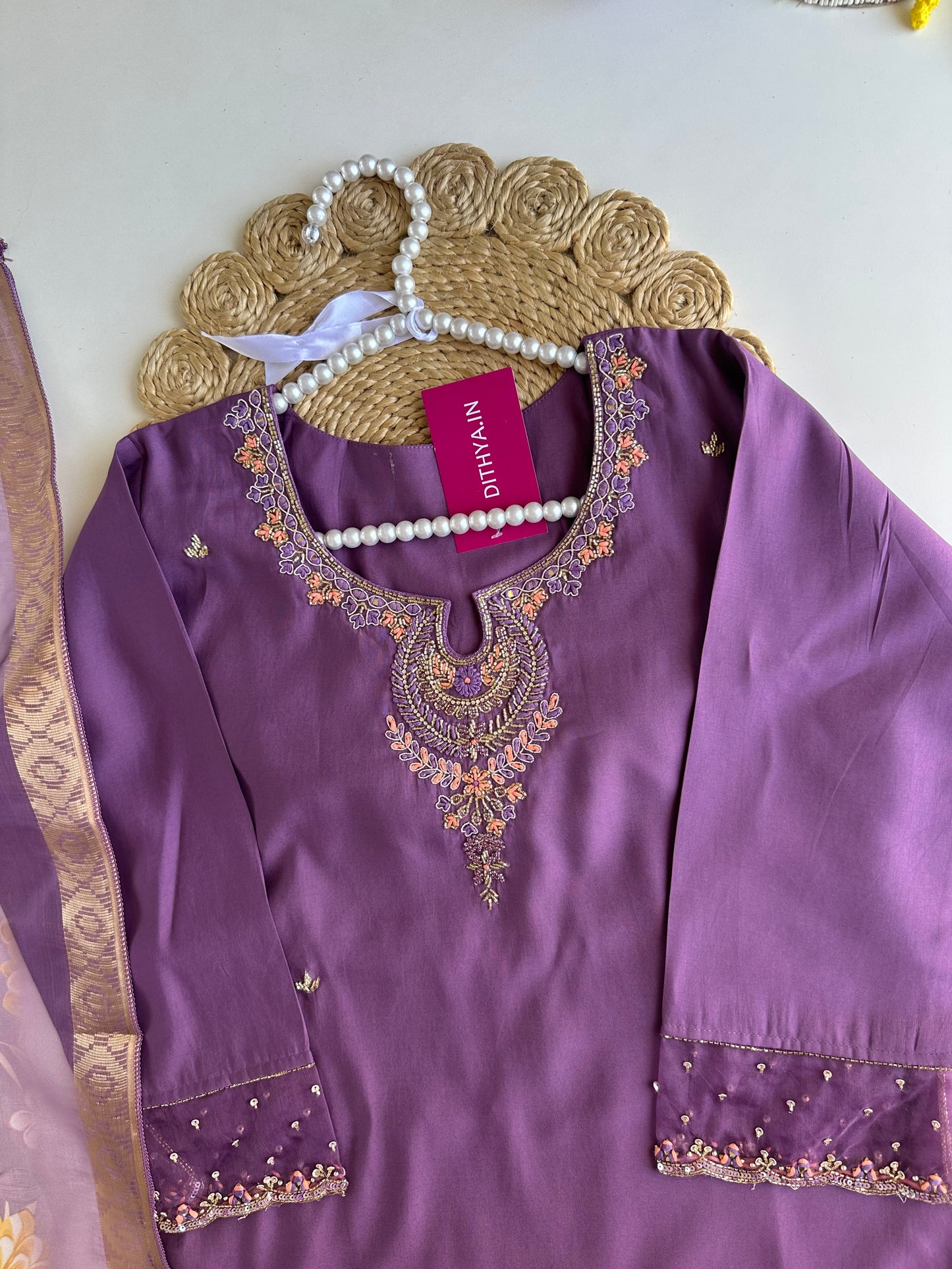 K154 - Roman silk handwork straight Kurti with pants and dupatta