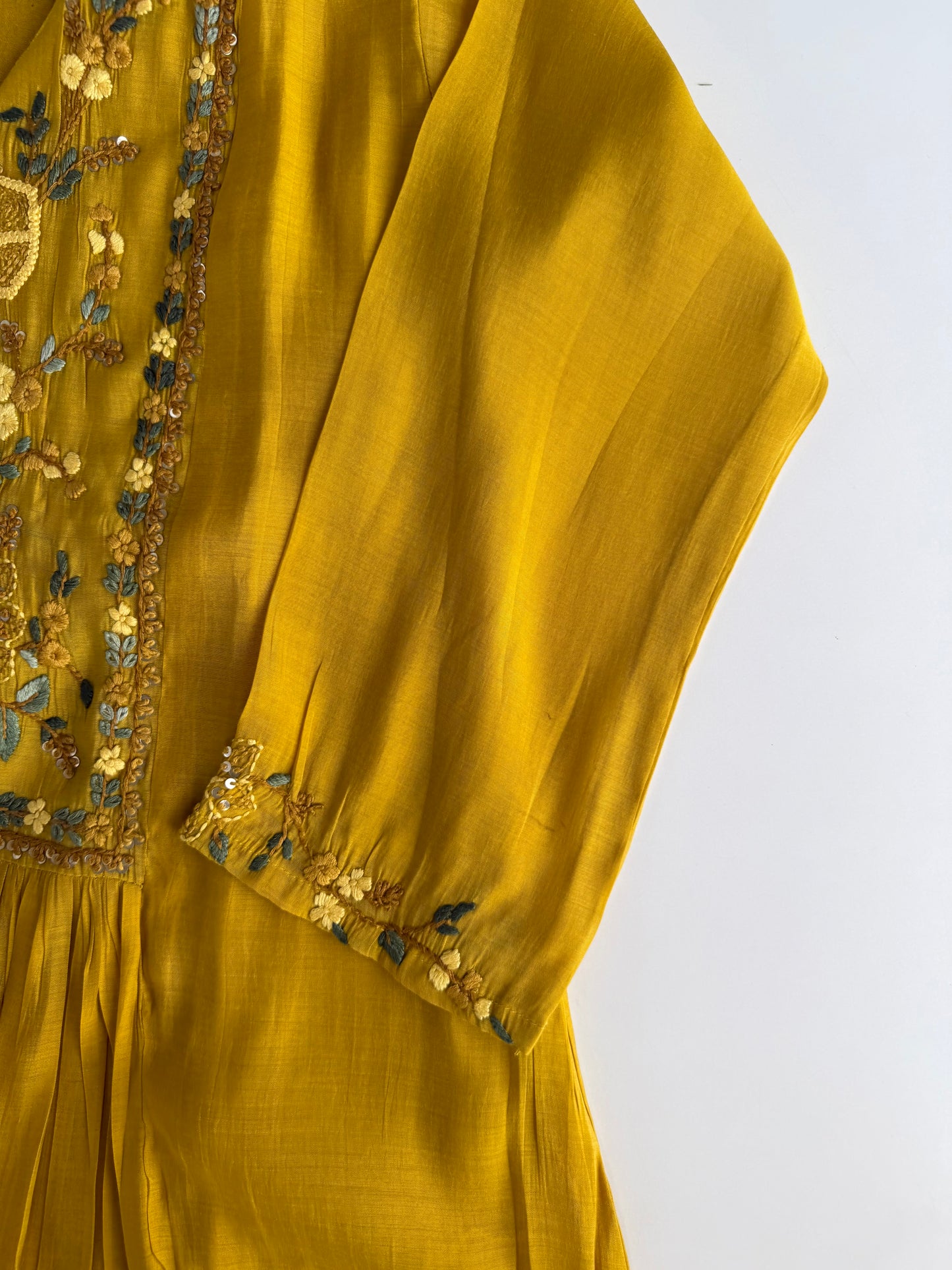 K341 - Mul chanderi Embroidered Aline Kurti with pants and dupatta