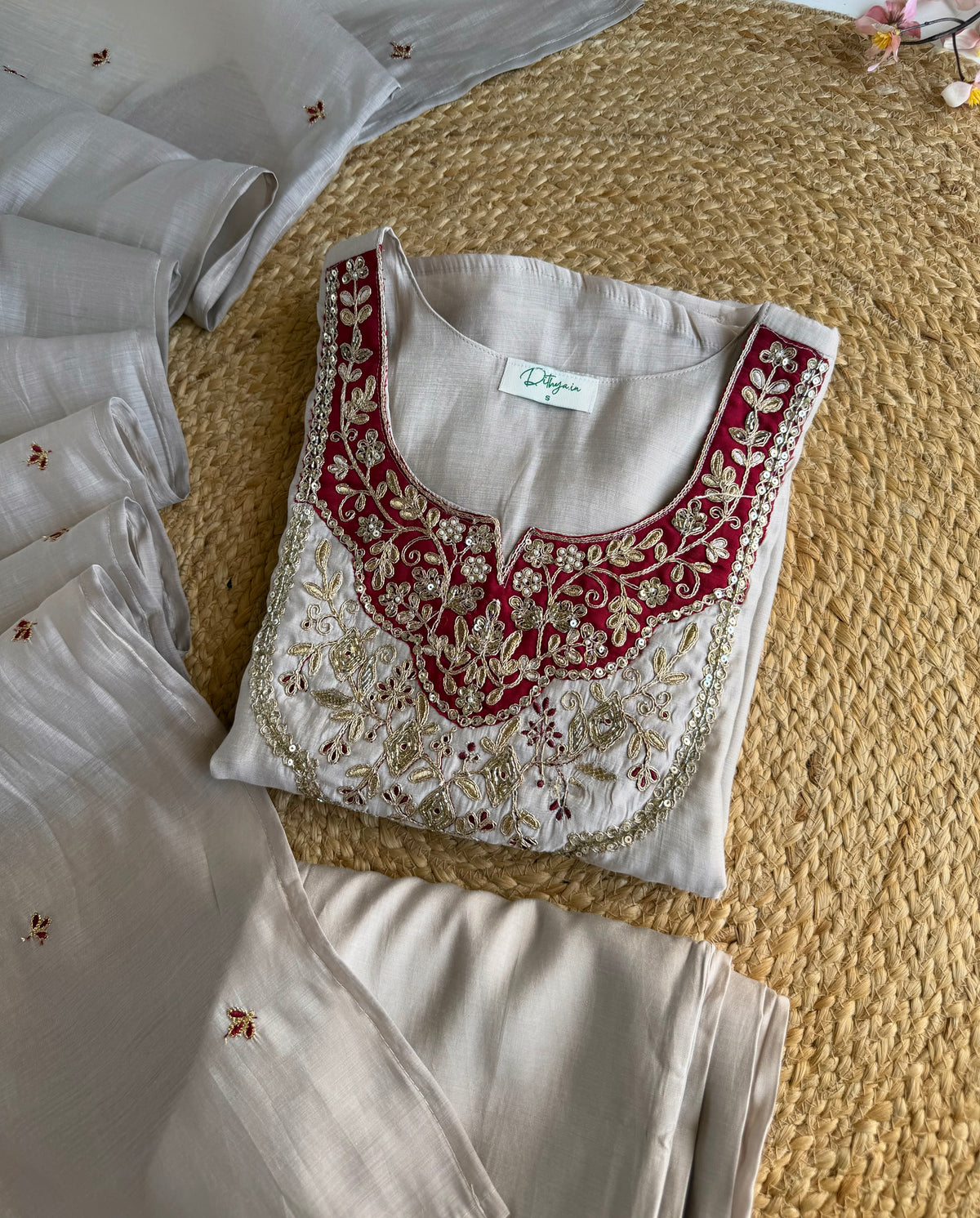 K090 - Surat Mul chanderi handwork aline Kurti with pants and dupatta