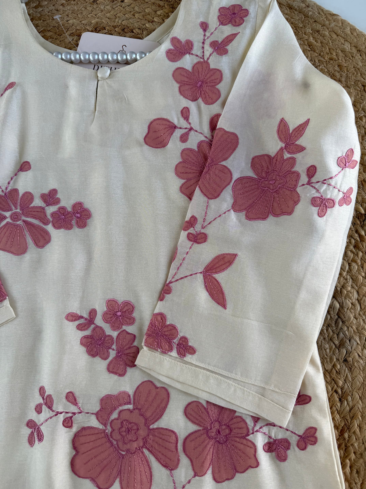 K603 - Russian silk appliqué work straight Kurti with pants and dupatta