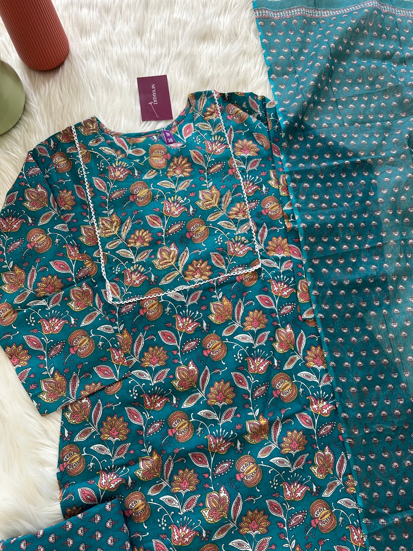 K092 - Cotton floral straight Kurti with pants and dupatta