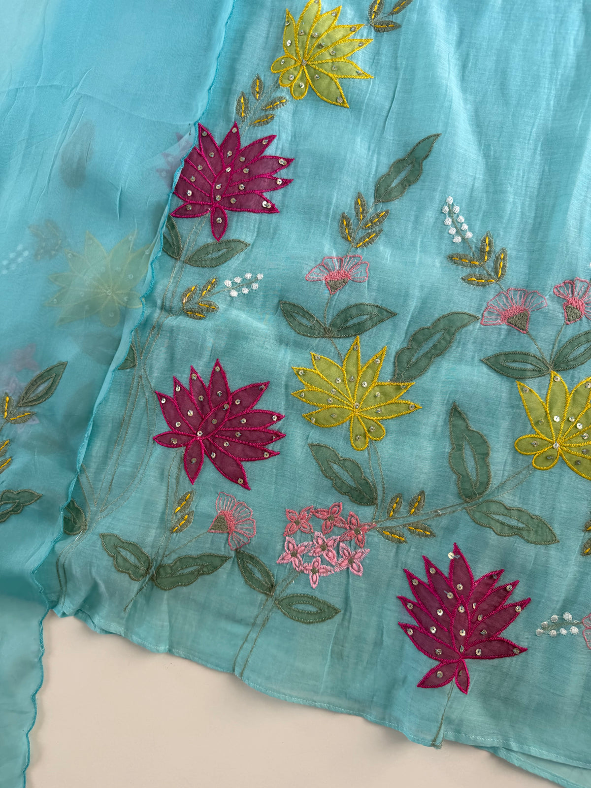 K589 - Mul chanderi appliqué embroidered Aline Kurti with pants and dupatta