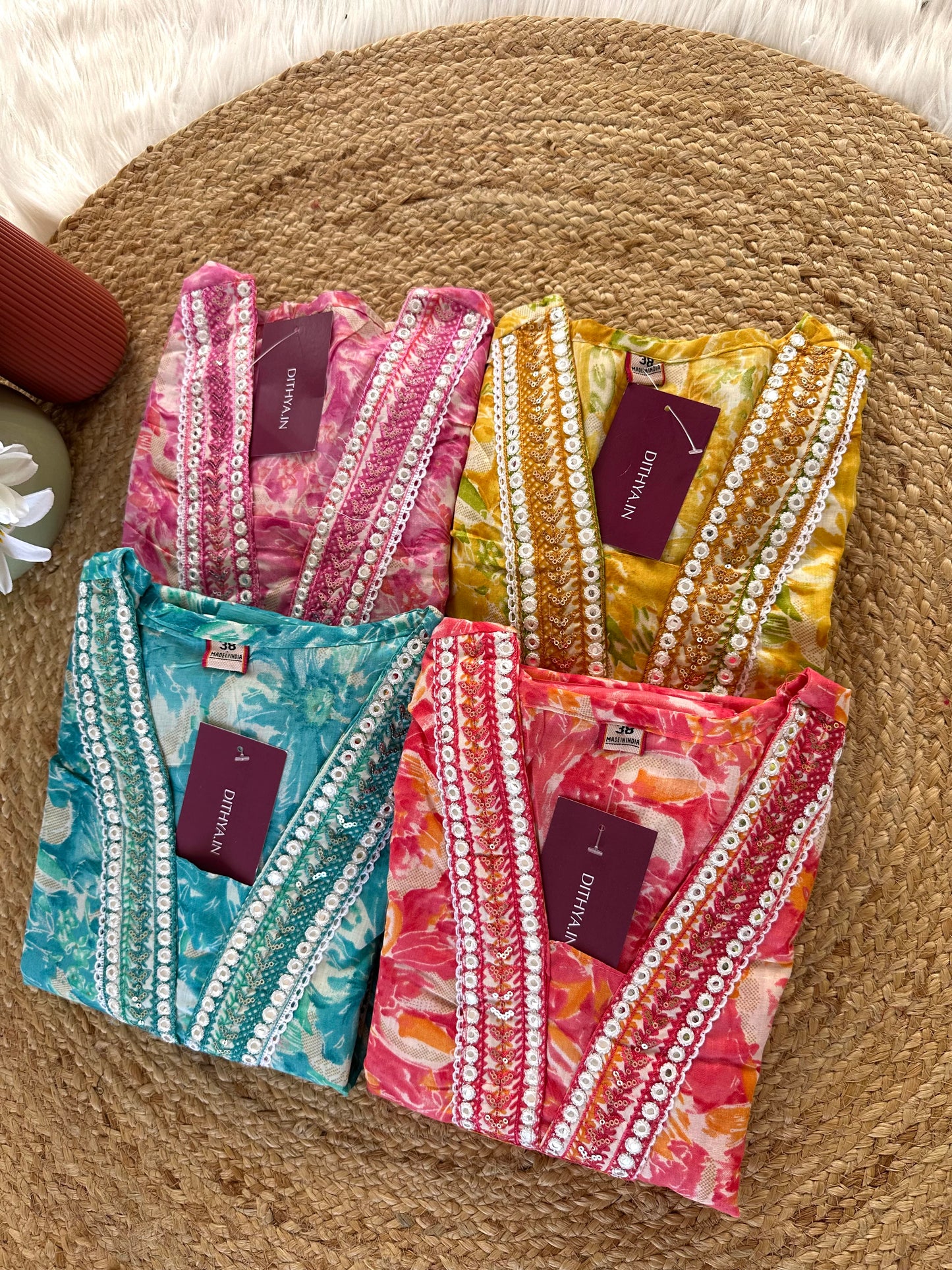 K387 - Cotton floral straight Kurti with pants and dupatta in 4 colours