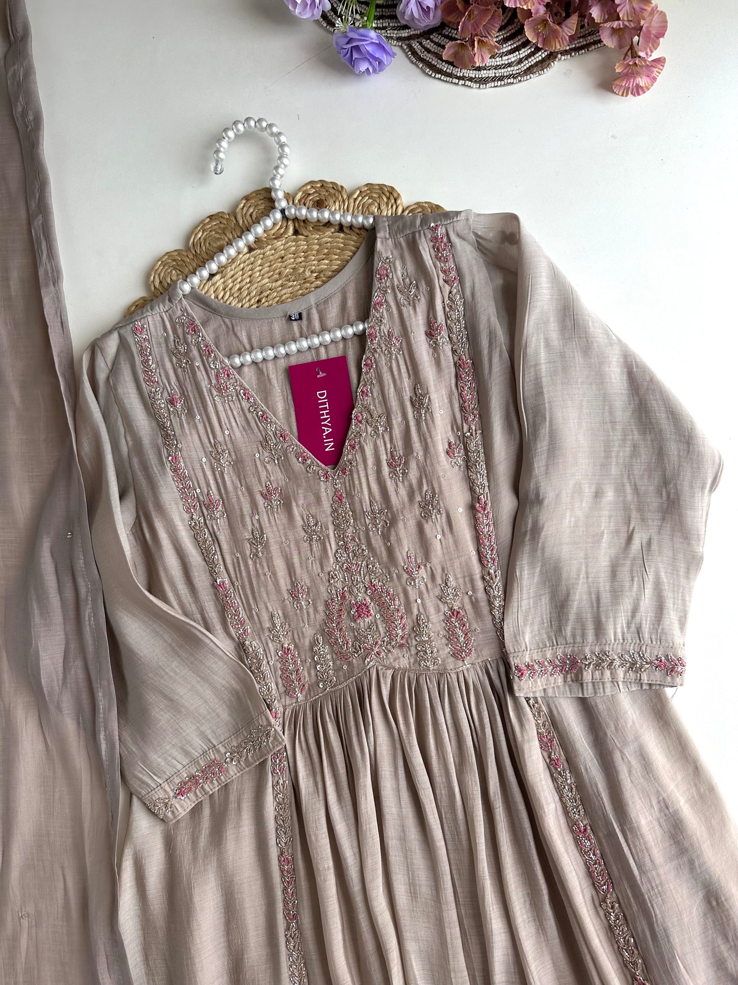 K283 - Mul Chanderi Handwork Anarkali with pants and dupatta