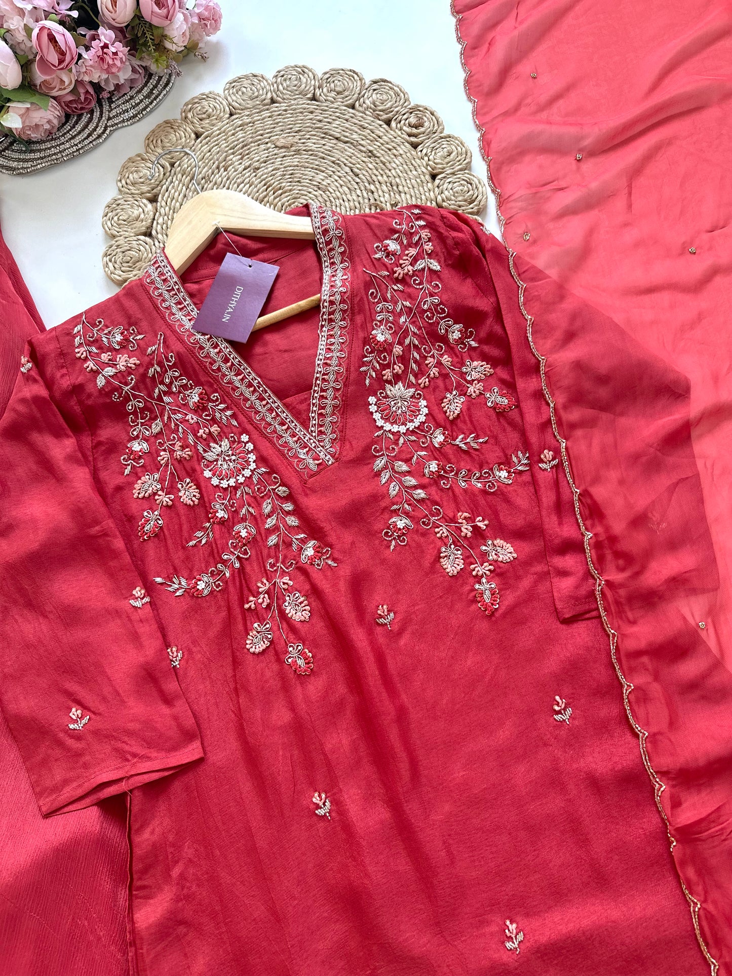 K242 - Handwork Russian silk short kurti with palazzo and dupatta.