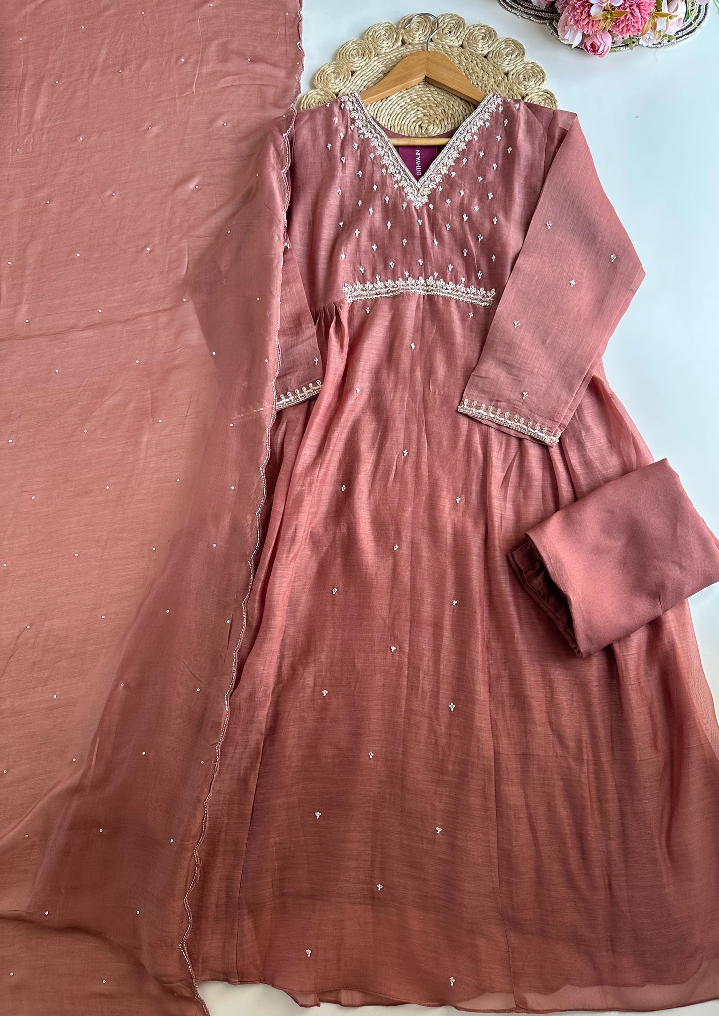 K092 - Mul Chanderi handwork Aline Kurti with pants and dupatta